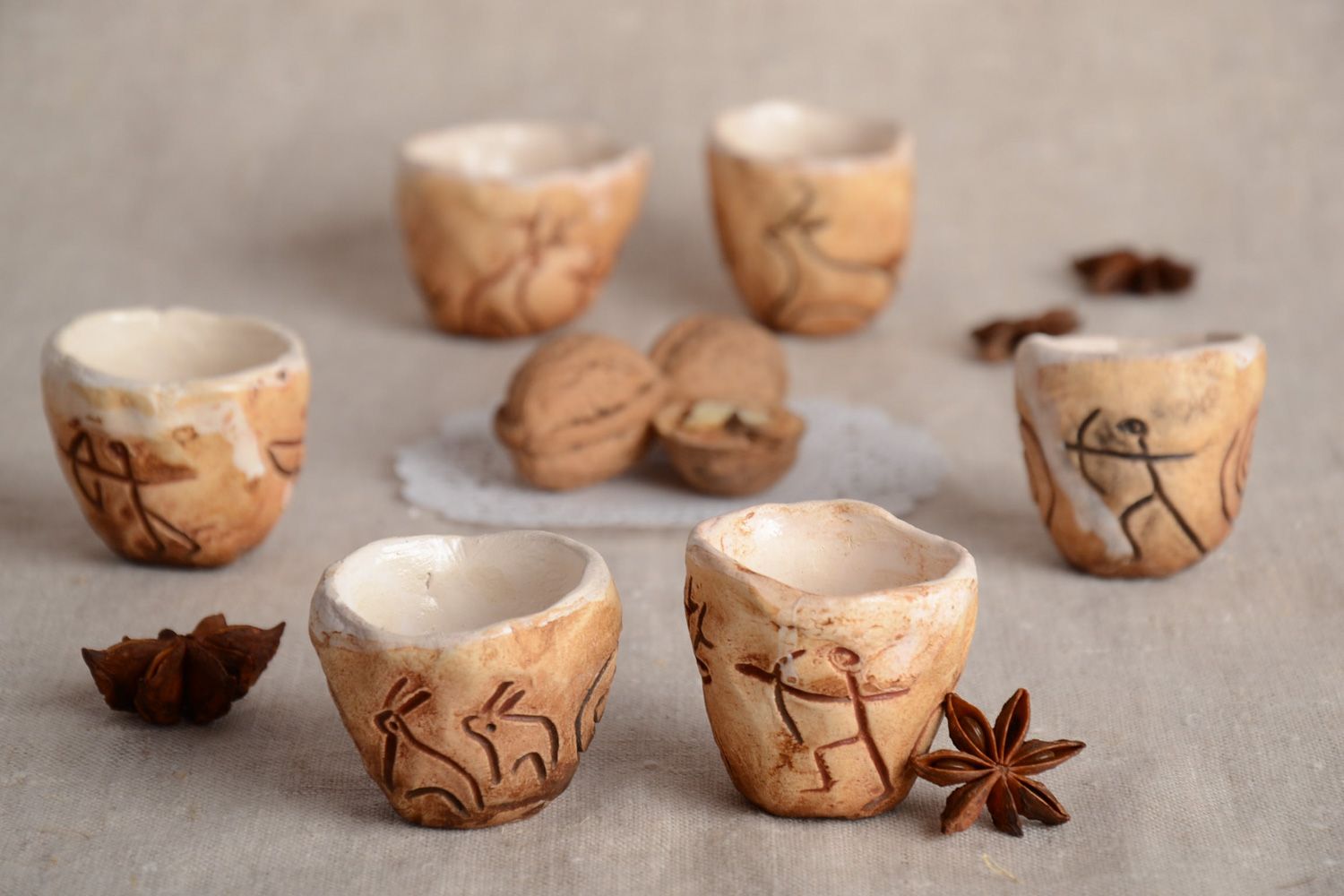 Petits verres en argile de poterie faits main couverts de glaçure 6 pièces photo 1
