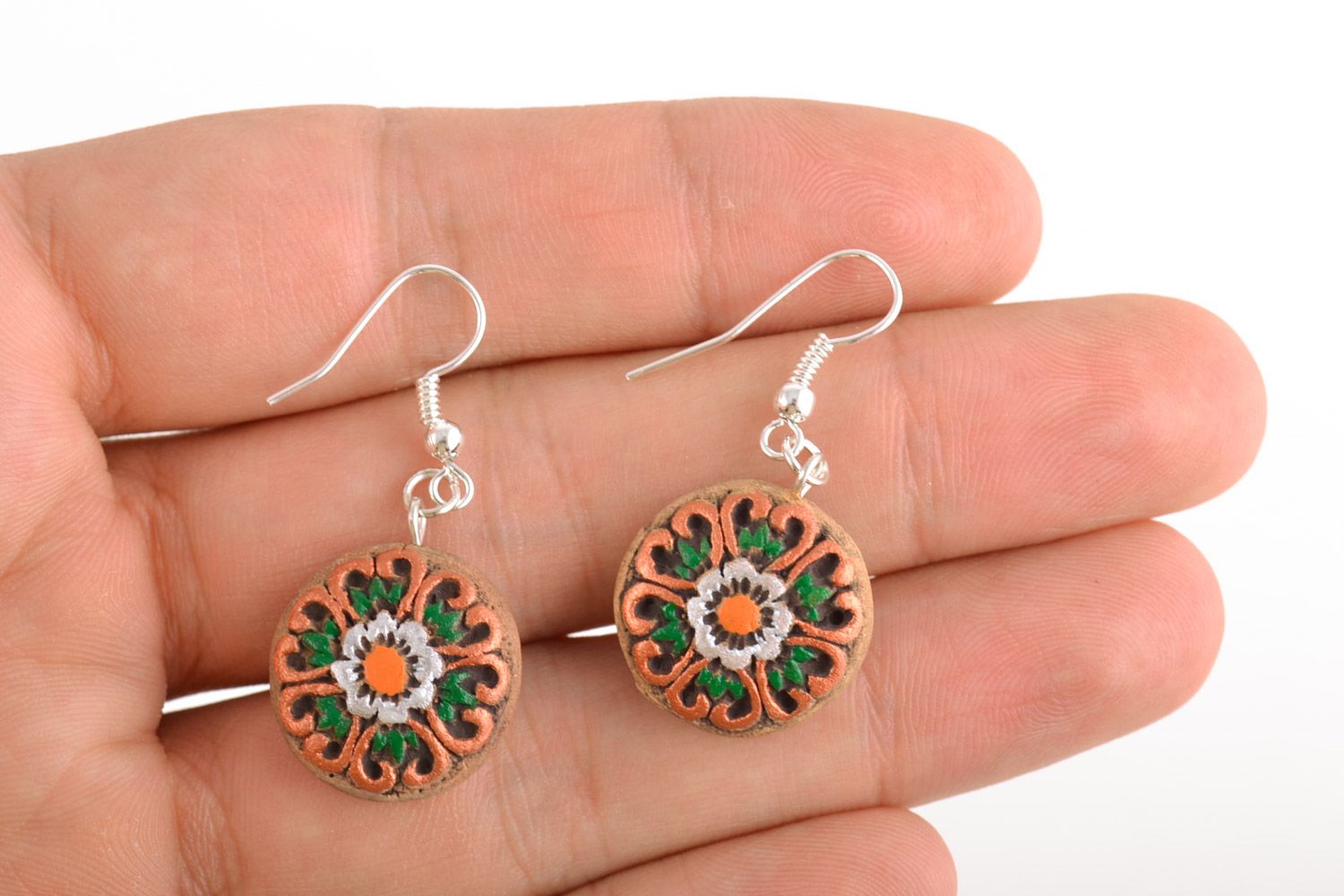 Handmade small round clay earrings with ethnic ornaments painted with acrylics photo 2