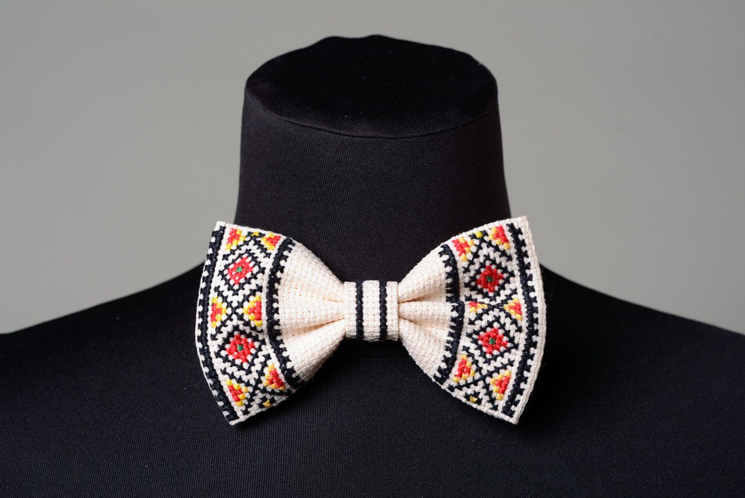 Handmade ethnic white bow tie with traditional cross stitch embroidery for men photo 1