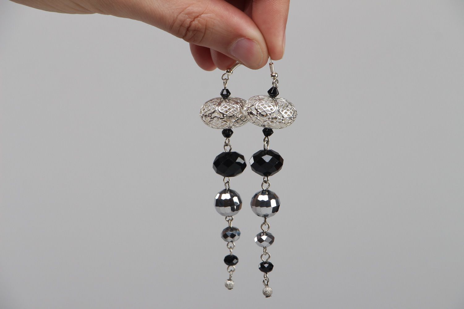 Handmade designer long evening earrings with glass beads with metal fittings photo 3