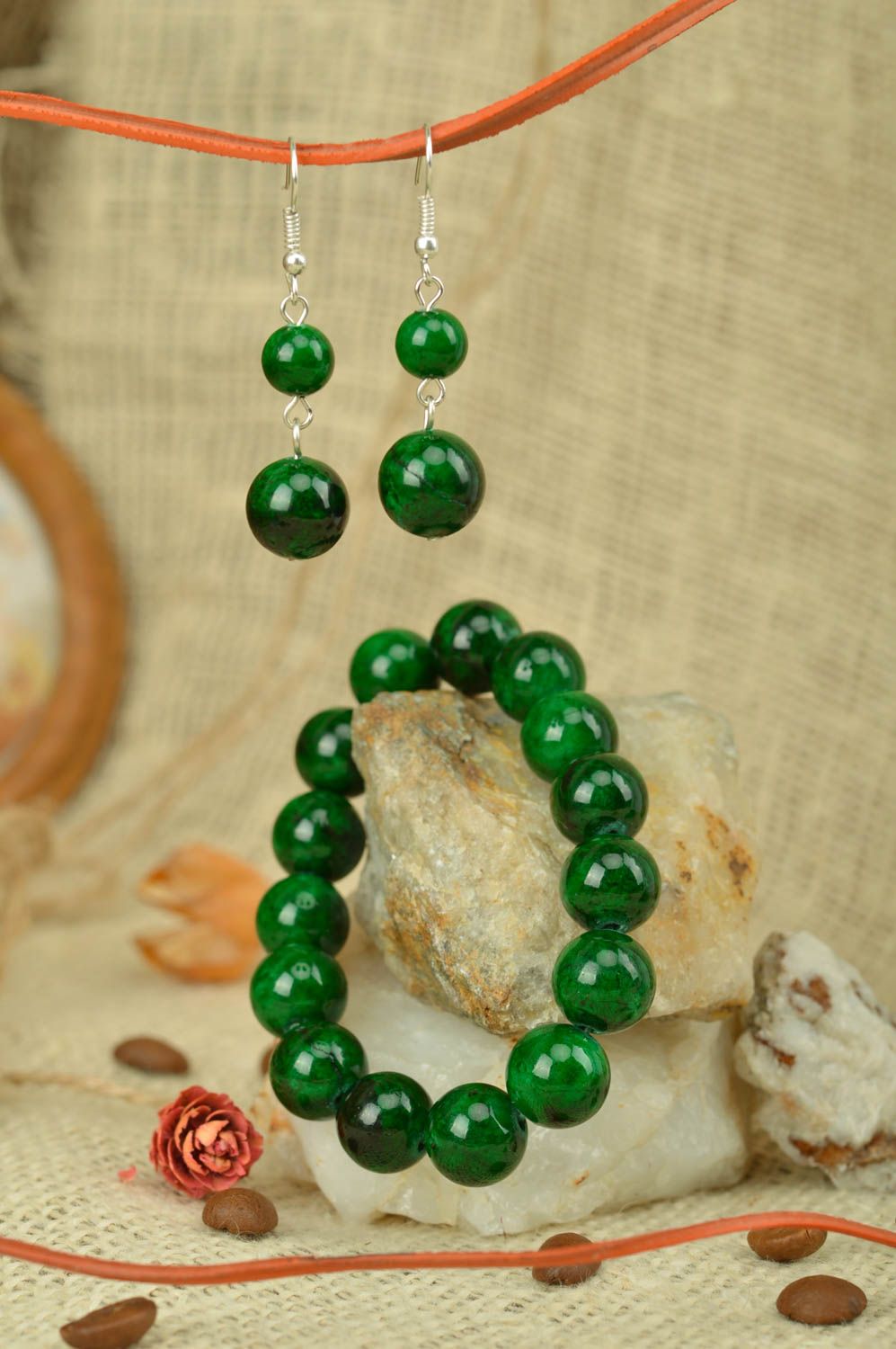 Handmade green beaded jewelry set designer accessories earrings and bracelet photo 1