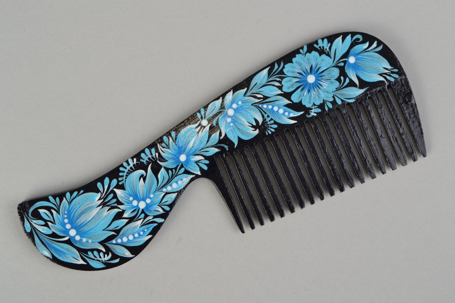Handmade wooden hair comb with Petrikov painting black with flowers Vinca photo 3