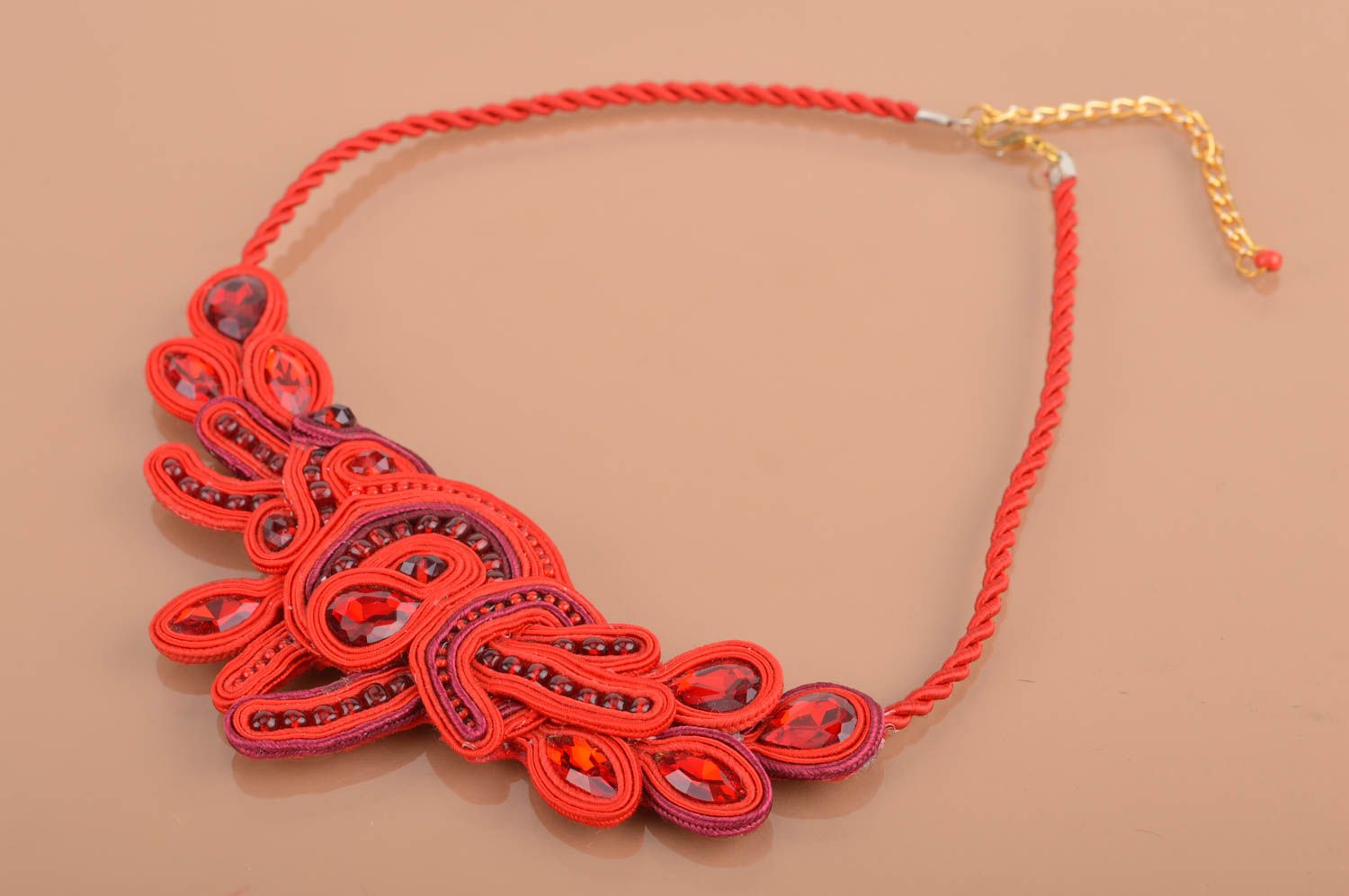 Beautiful handmade red massive textile soutache necklace with beads for women photo 4
