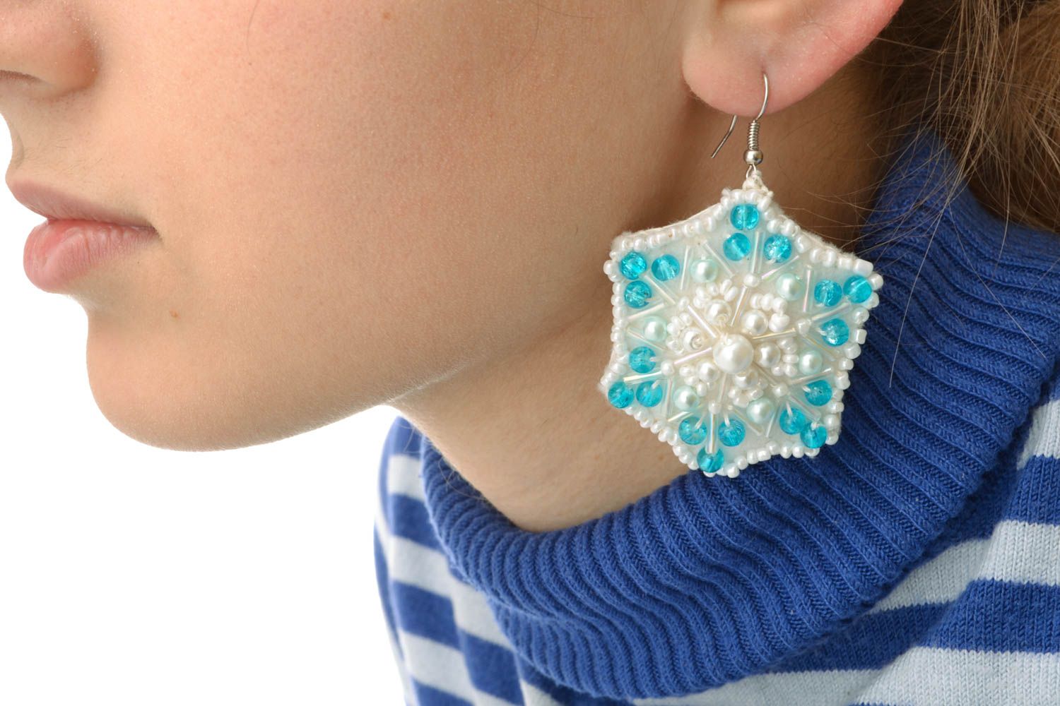 Beaded earrings Snowflakes photo 5