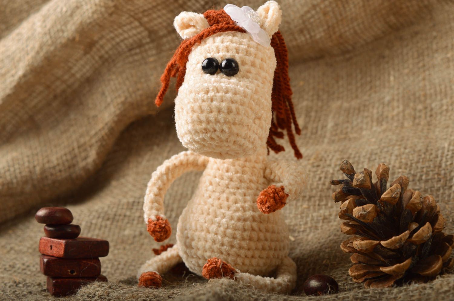 Handmade small soft toy crocheted of velour threads cute horse with brown mane photo 1