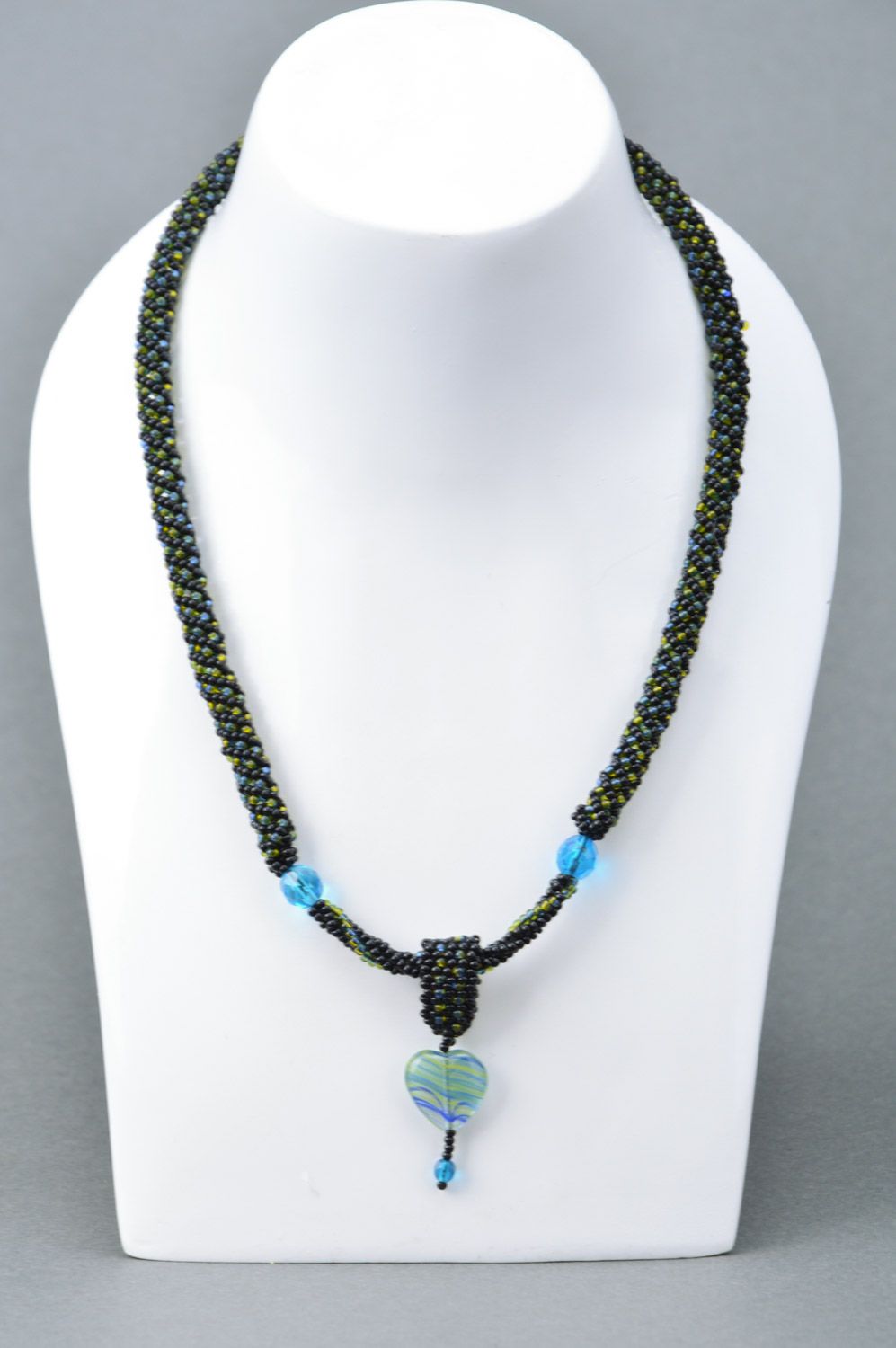 Black handmade beaded cord necklace with heart-shaped pendant photo 1
