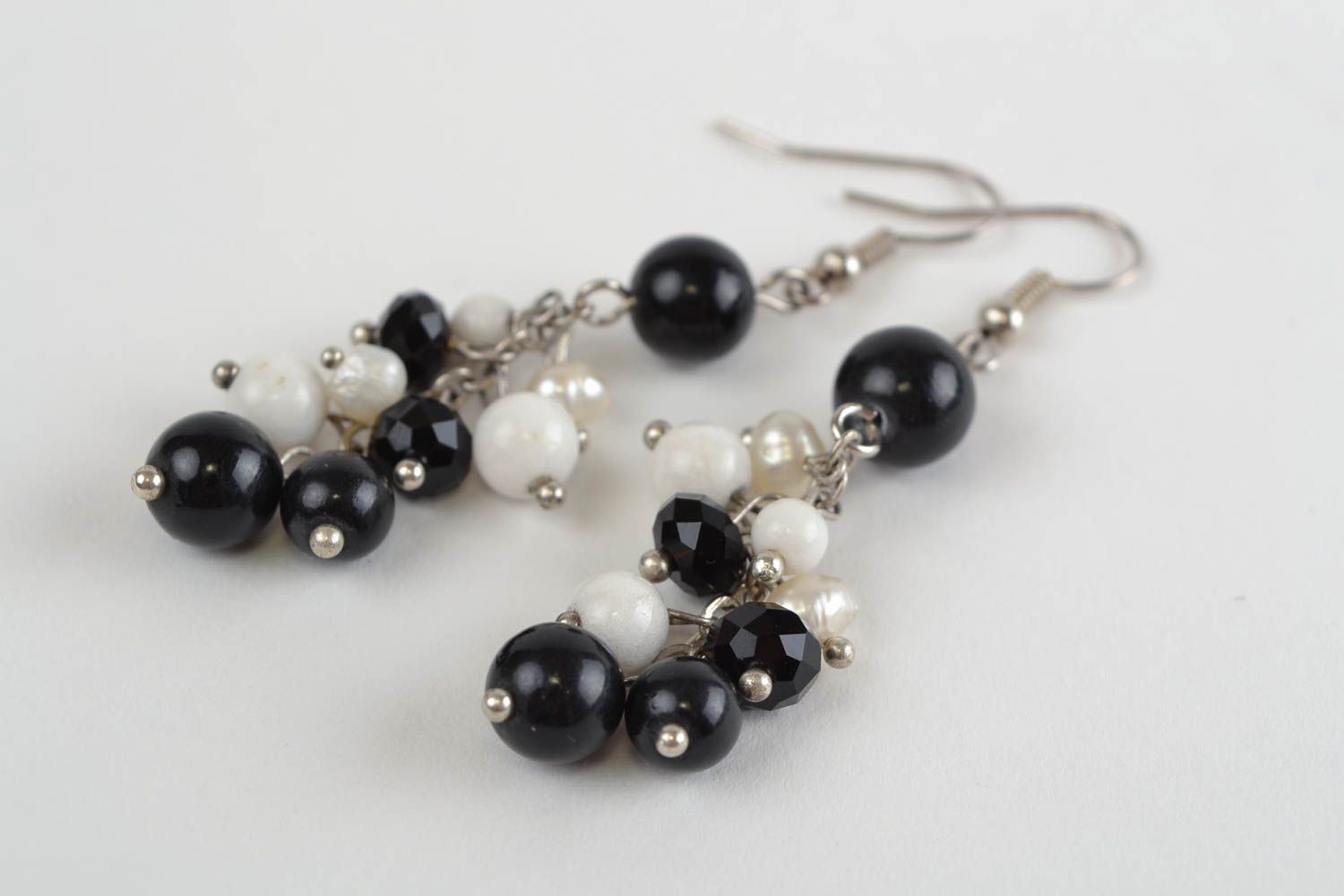 Female designer black and white handmade long earrings made of Czech beads photo 4
