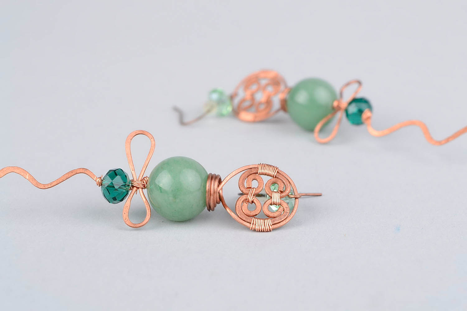 Copper earrings with greenstone and Czech crystal photo 4