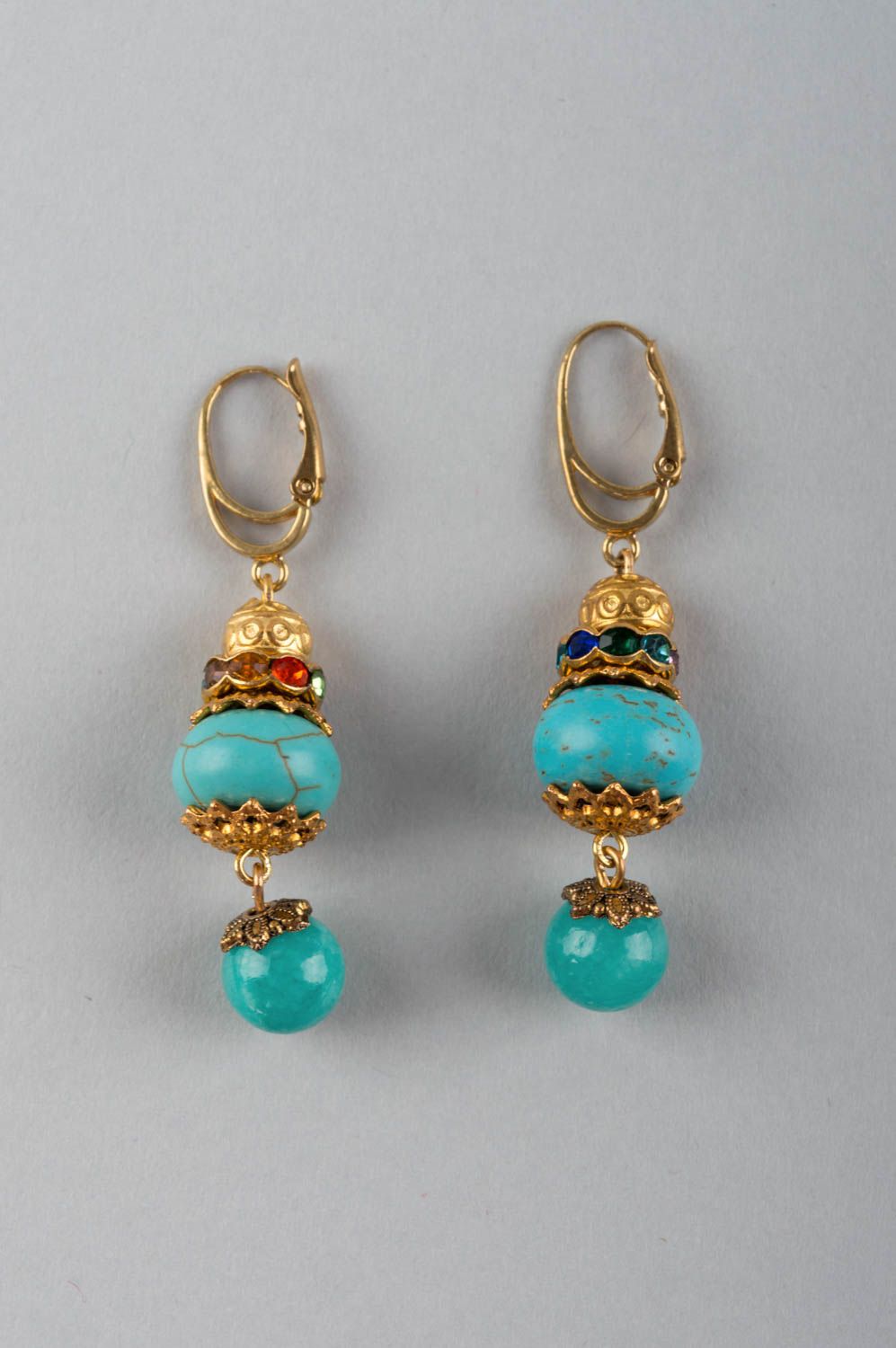 Designer long elegant blue handmade earrings made of turquoise and brass photo 2