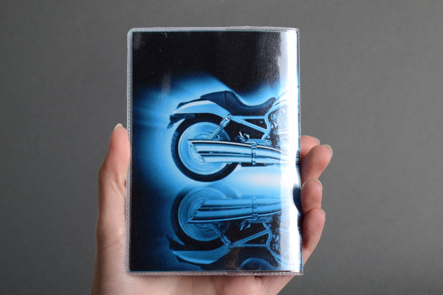 Handmade plastic passport cover in blue color palette with image of bike photo 5