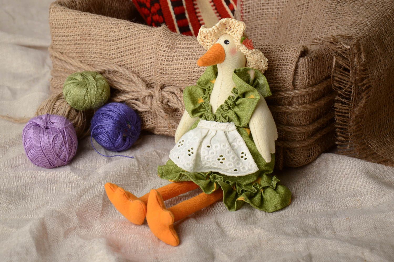 Beautiful interesting handmade coarse calico and linen soft toy for kitchen decor Goose photo 1