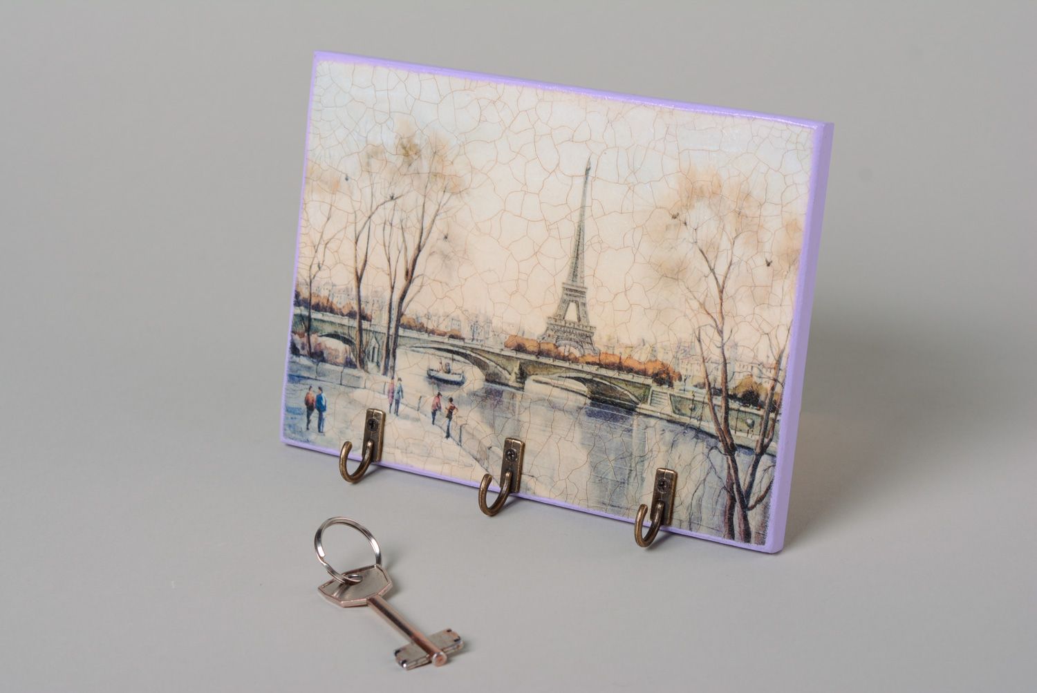 Homemade decoupage plywood key holder with Paris landscape photo 1