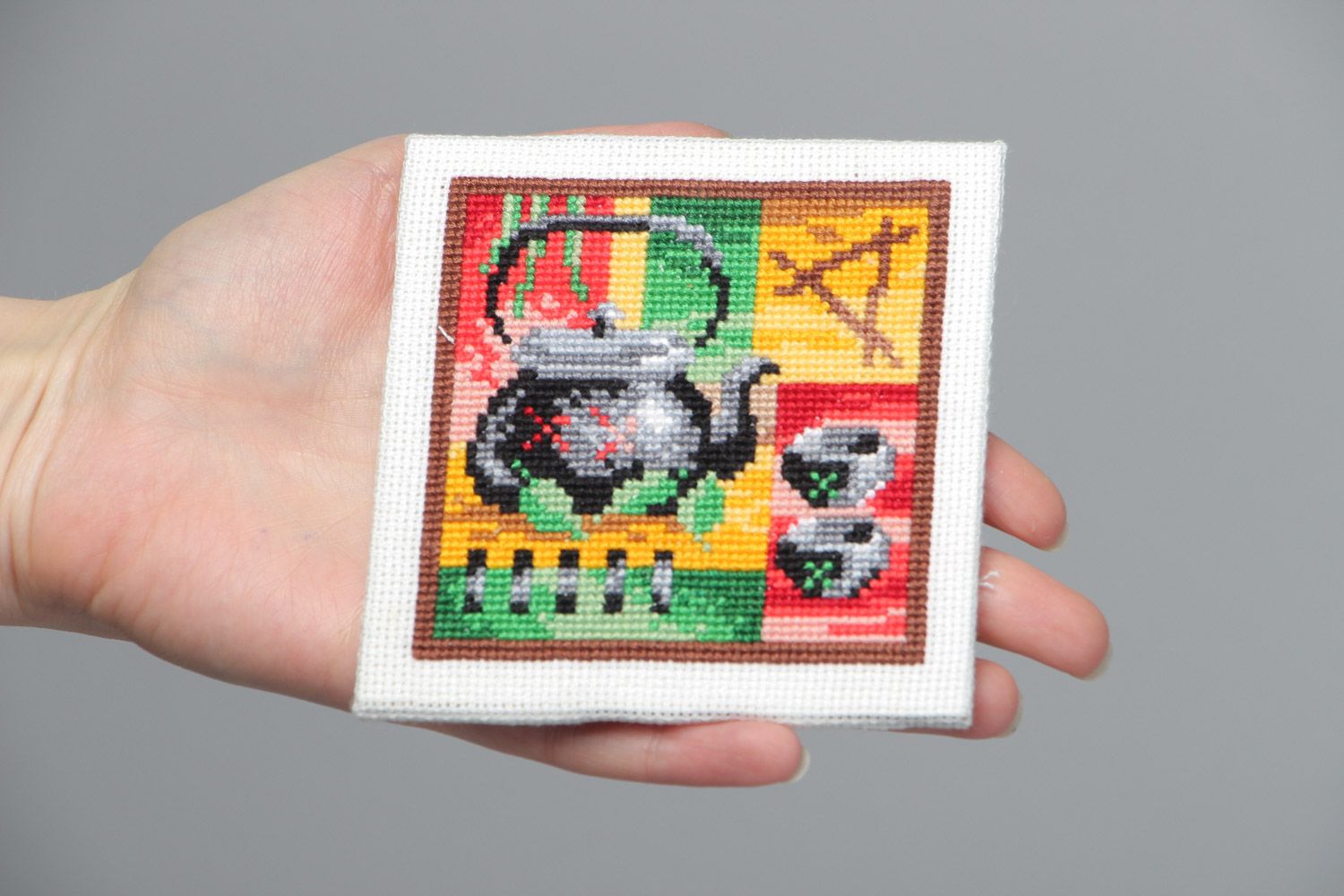 Handmade small square abstract colorful picture with cross stitch embroidery  photo 5