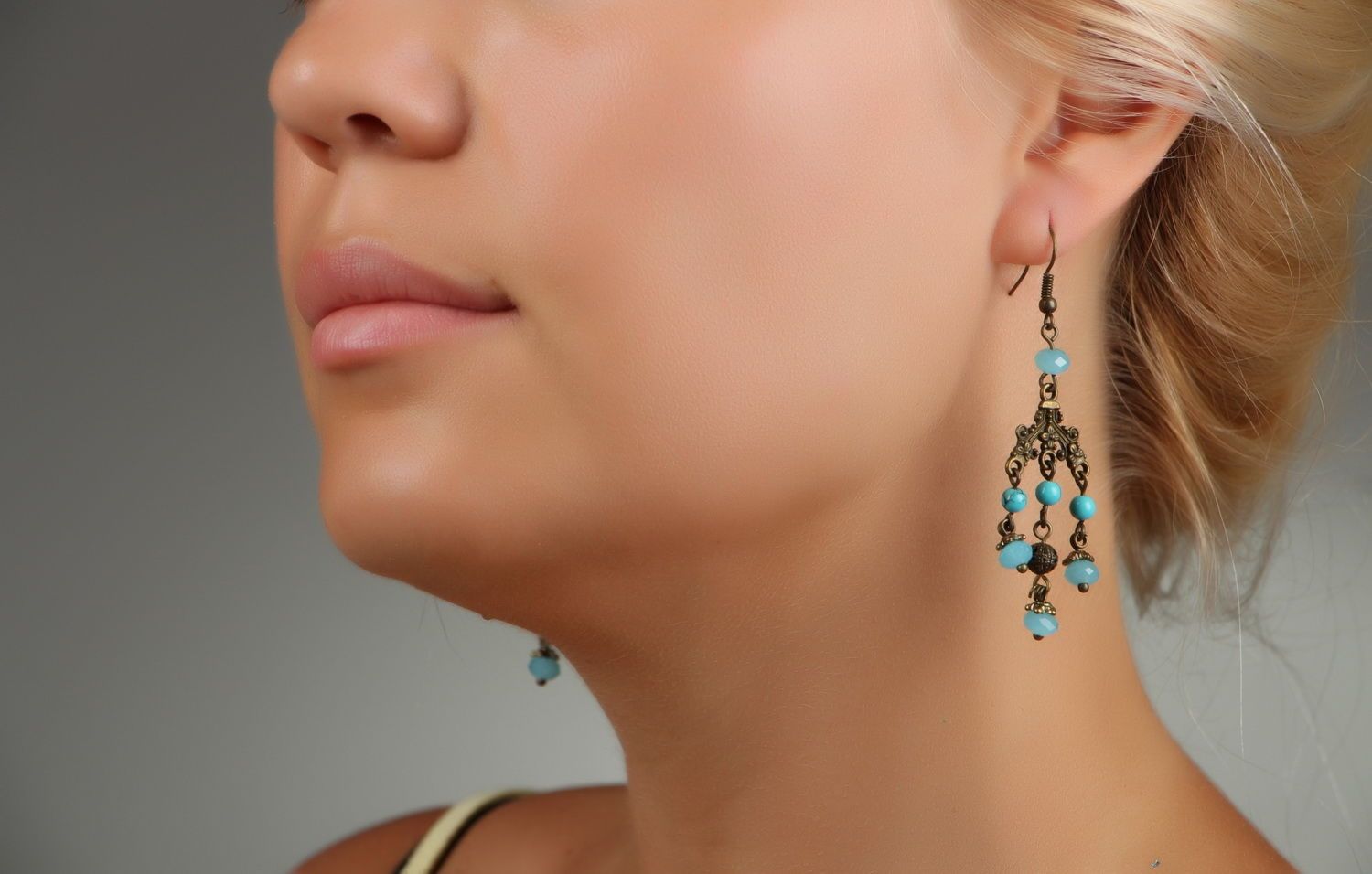 Bronze earrings with crystal and turquoise photo 2