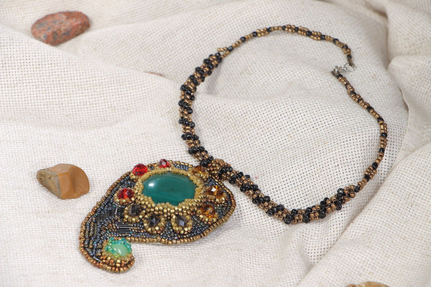 Handmade beaded pendant with natural nephrite for women Turkish Cucumber photo 1
