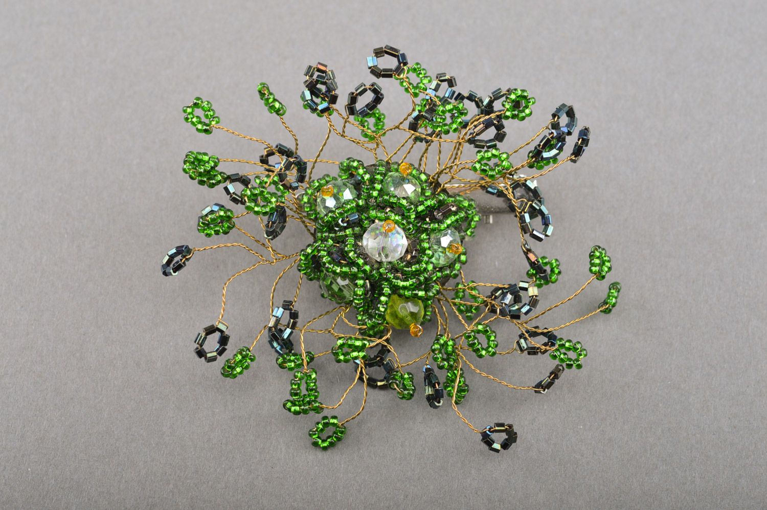 Handmade designer brooch-hair clip with double fastener woven of green beads photo 2