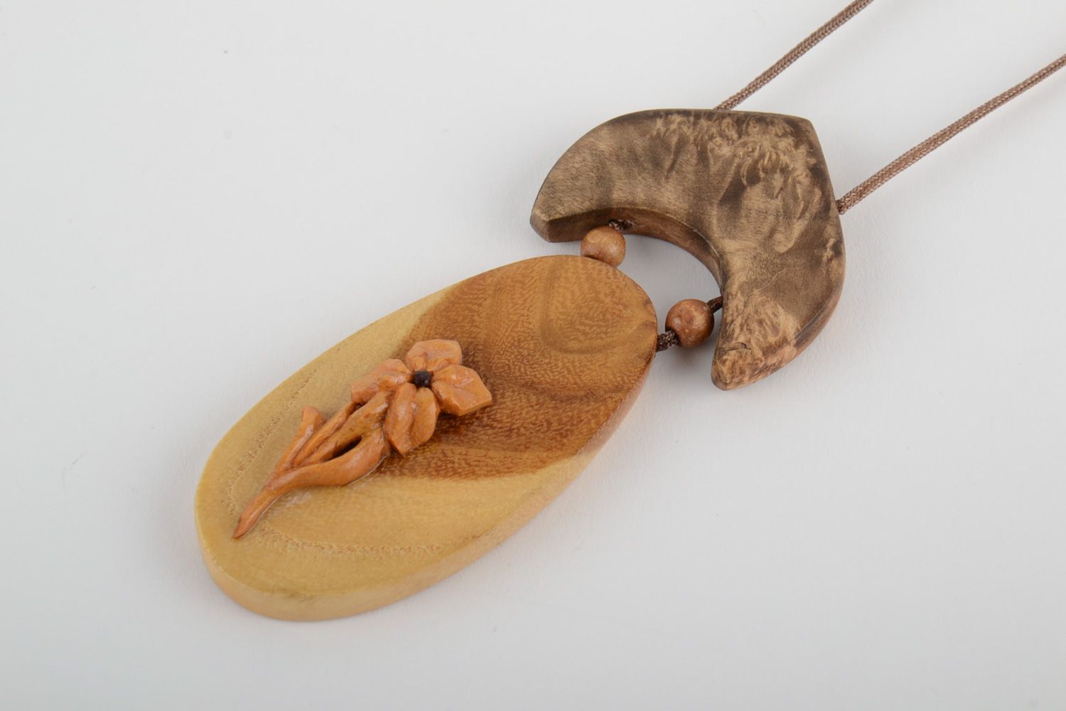 Magnificent handmade carved of wood neck pendant with volume flower for women photo 3