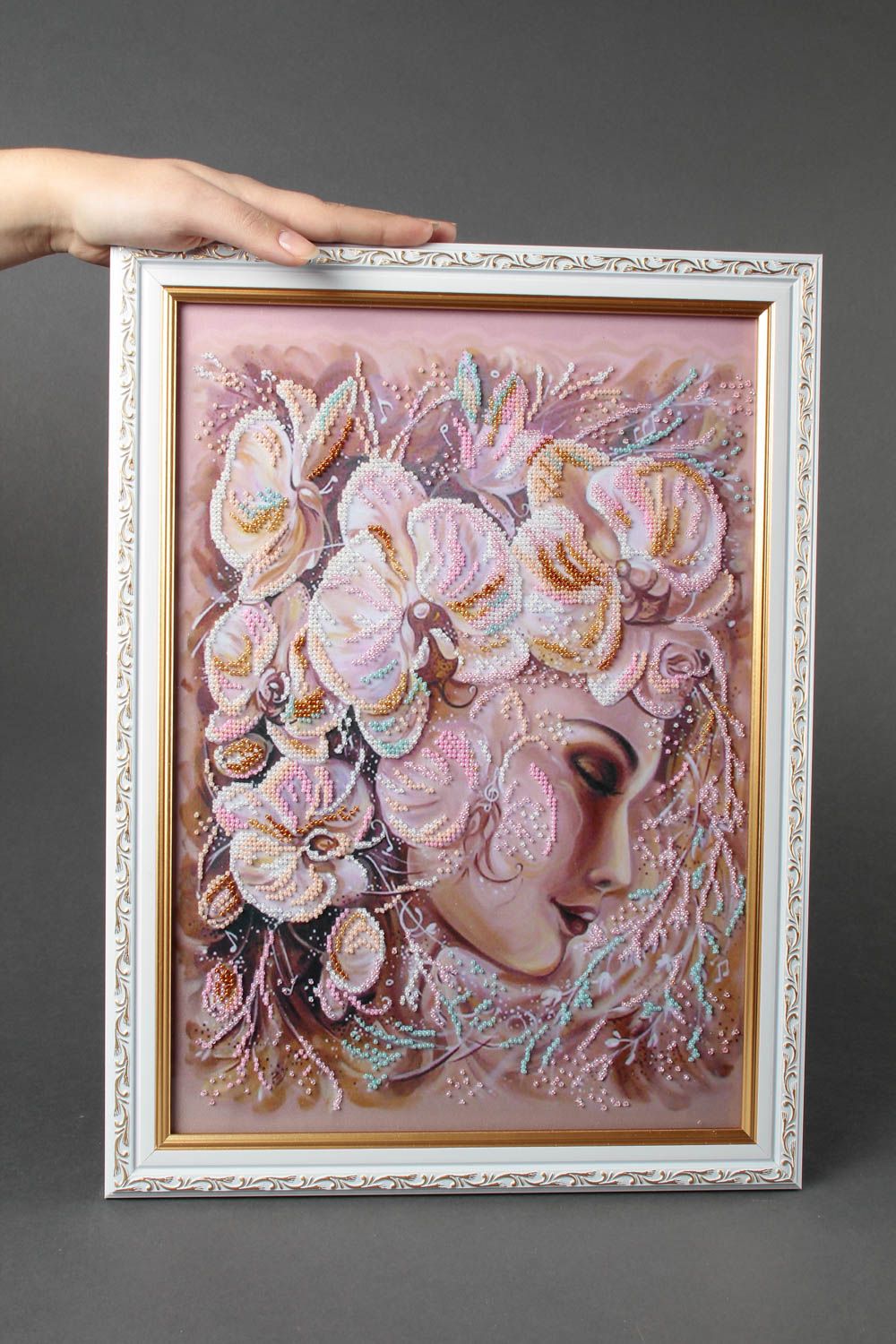 Handmade beaded picture embroidered picture decor for interior present for lady photo 1