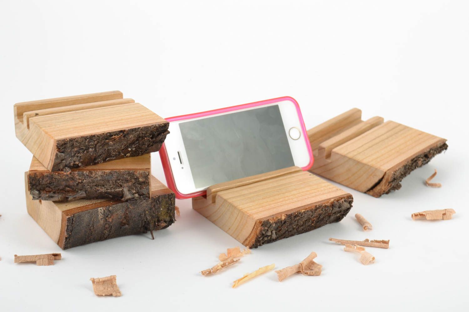 Supports pour téléphones en bois fait main accessoires écologiques 5 pièces photo 1