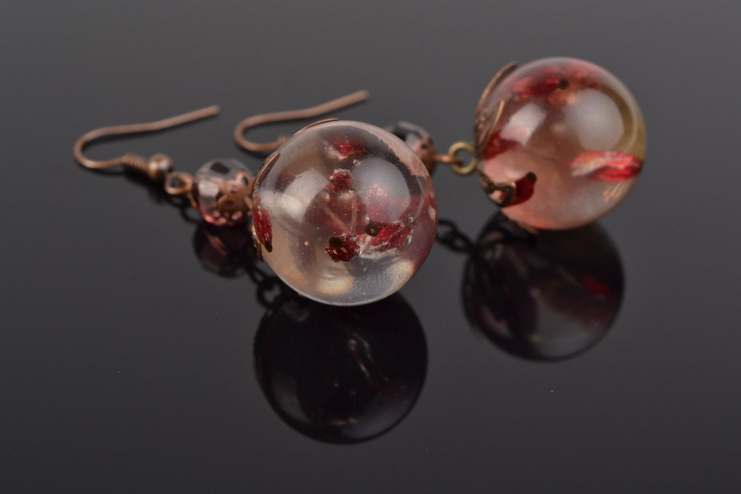 Homemade long ball earrings with barberry coated with epoxy resin photo 4