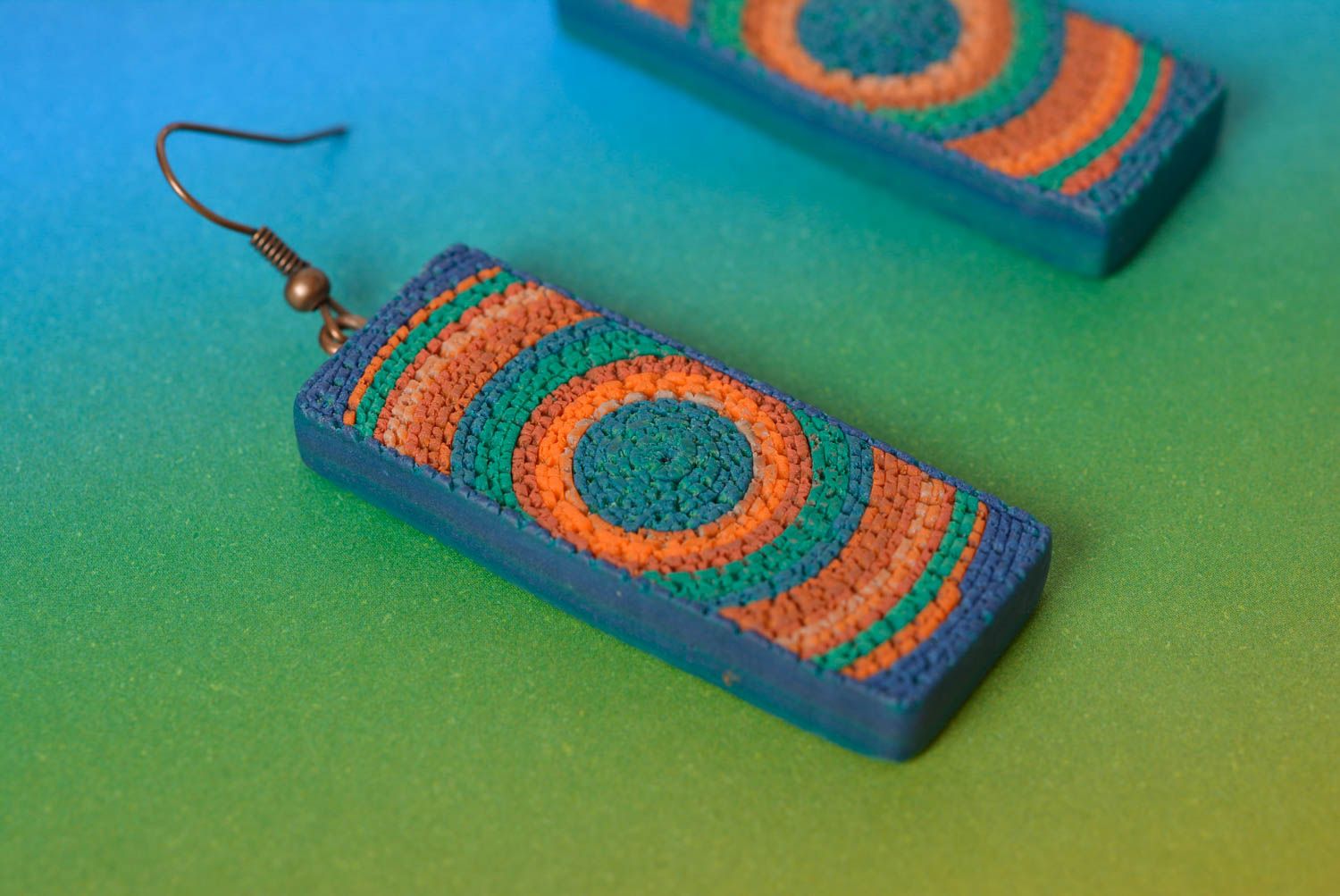 Bright handmade polymer clay oblong dangle earrings ragged edge technique photo 3