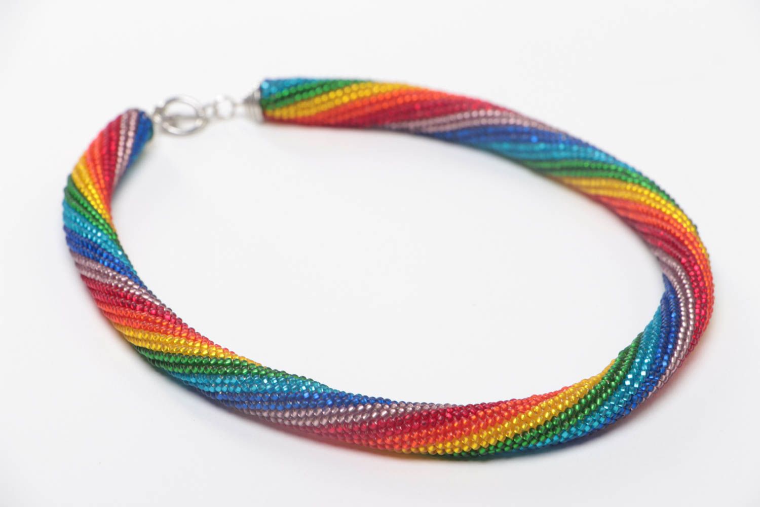 Handmade designer beaded woven cord necklace of rainbow color for women photo 3