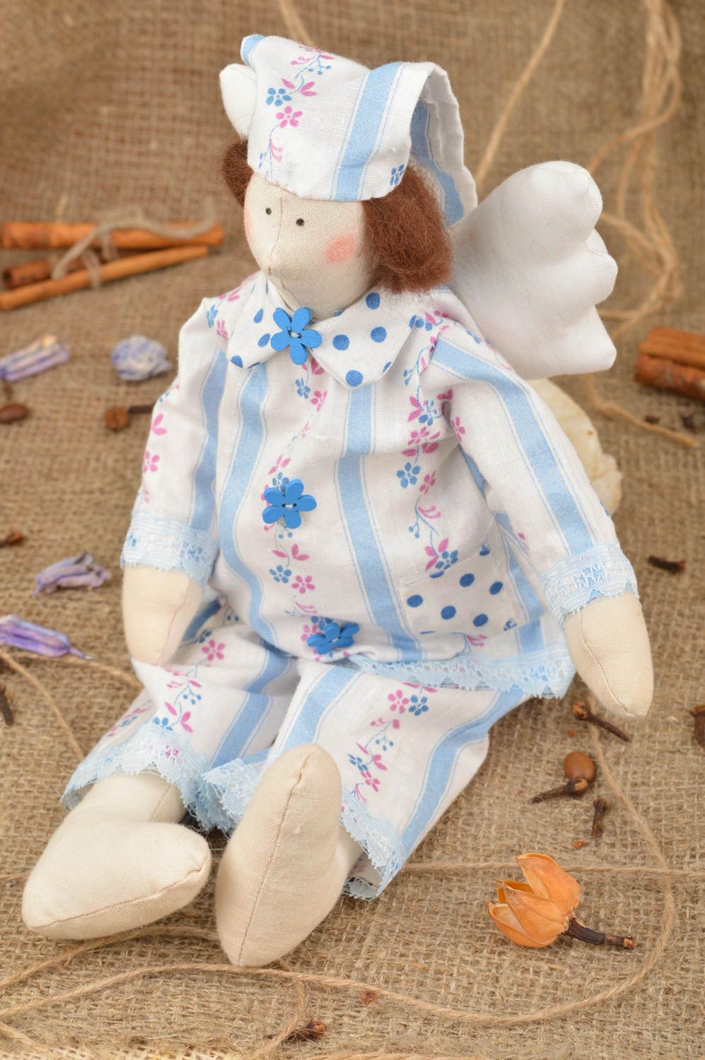 Handmade cotton fabric designer small soft toy angel in blue pajama photo 1