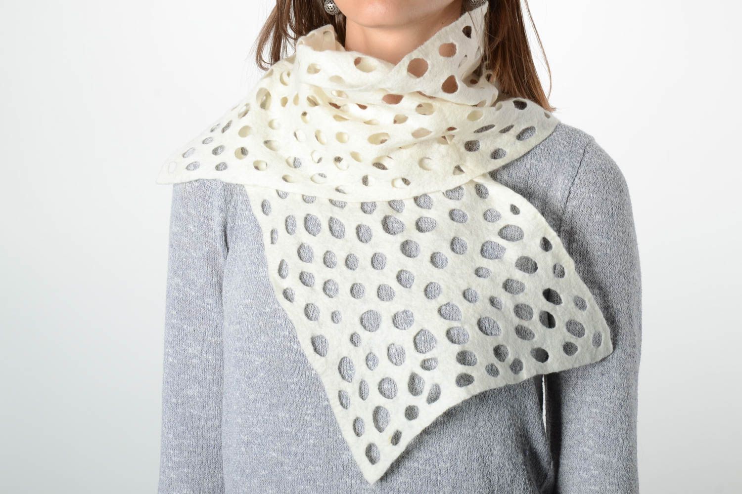 Beautiful unusual scarf white handmade scarf woolen winter shawl accessory photo 1