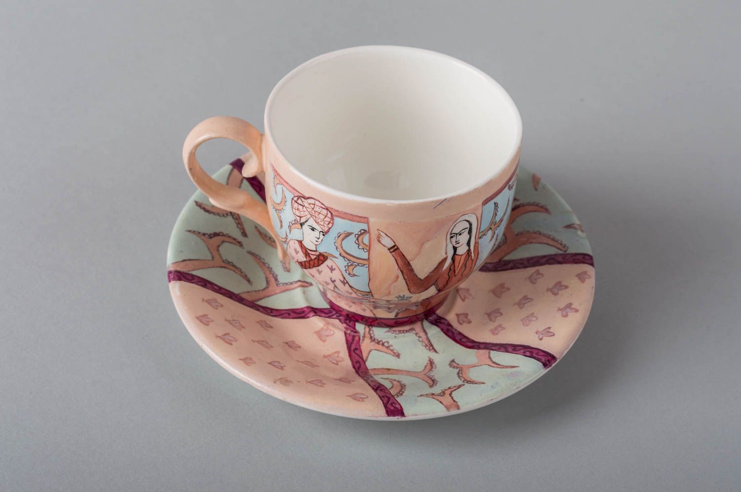 Глиняная чашка с блюдцем с авторской росписью красивая оригинальная хэнд мэйд фото 3