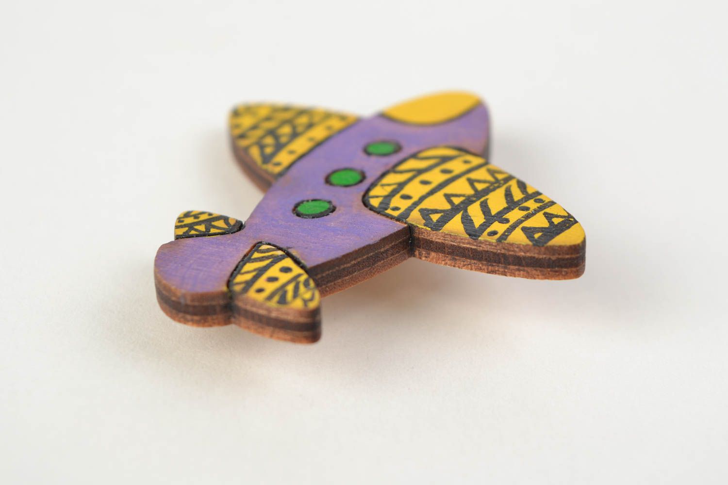 Handmade wooden brooch painted with acrylics in the shape of colorful air plane photo 5