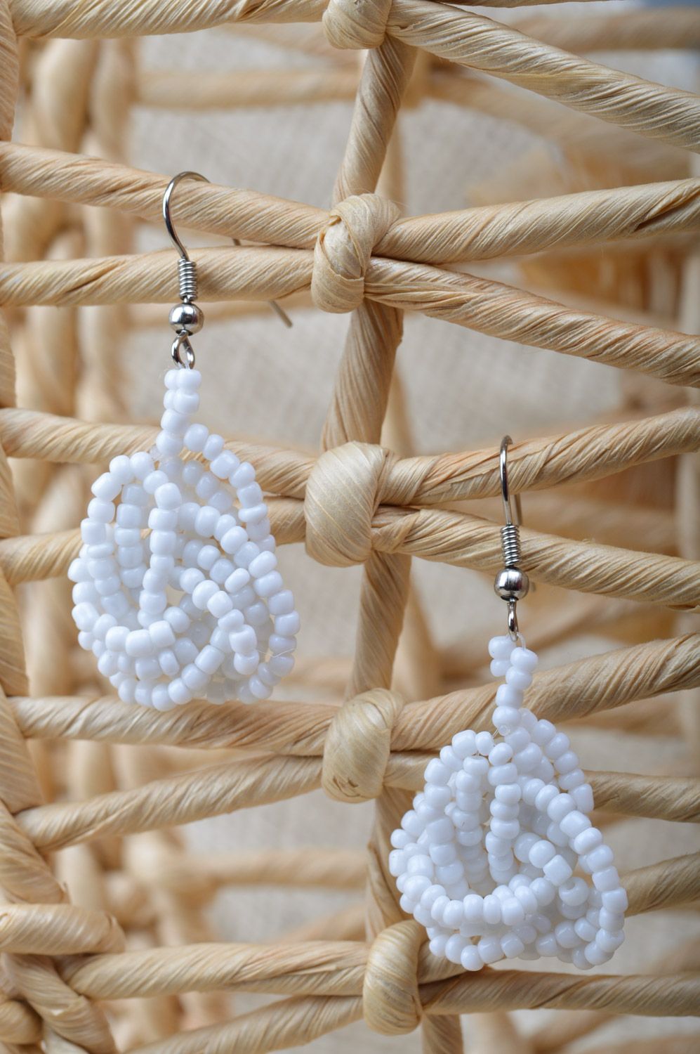 Unusual handmade white long earrings woven of Czech beads photo 5