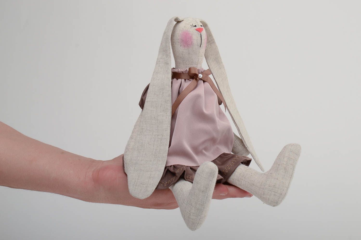Handmade designer small fabric soft toy rabbit with long ears in dress for kids photo 5