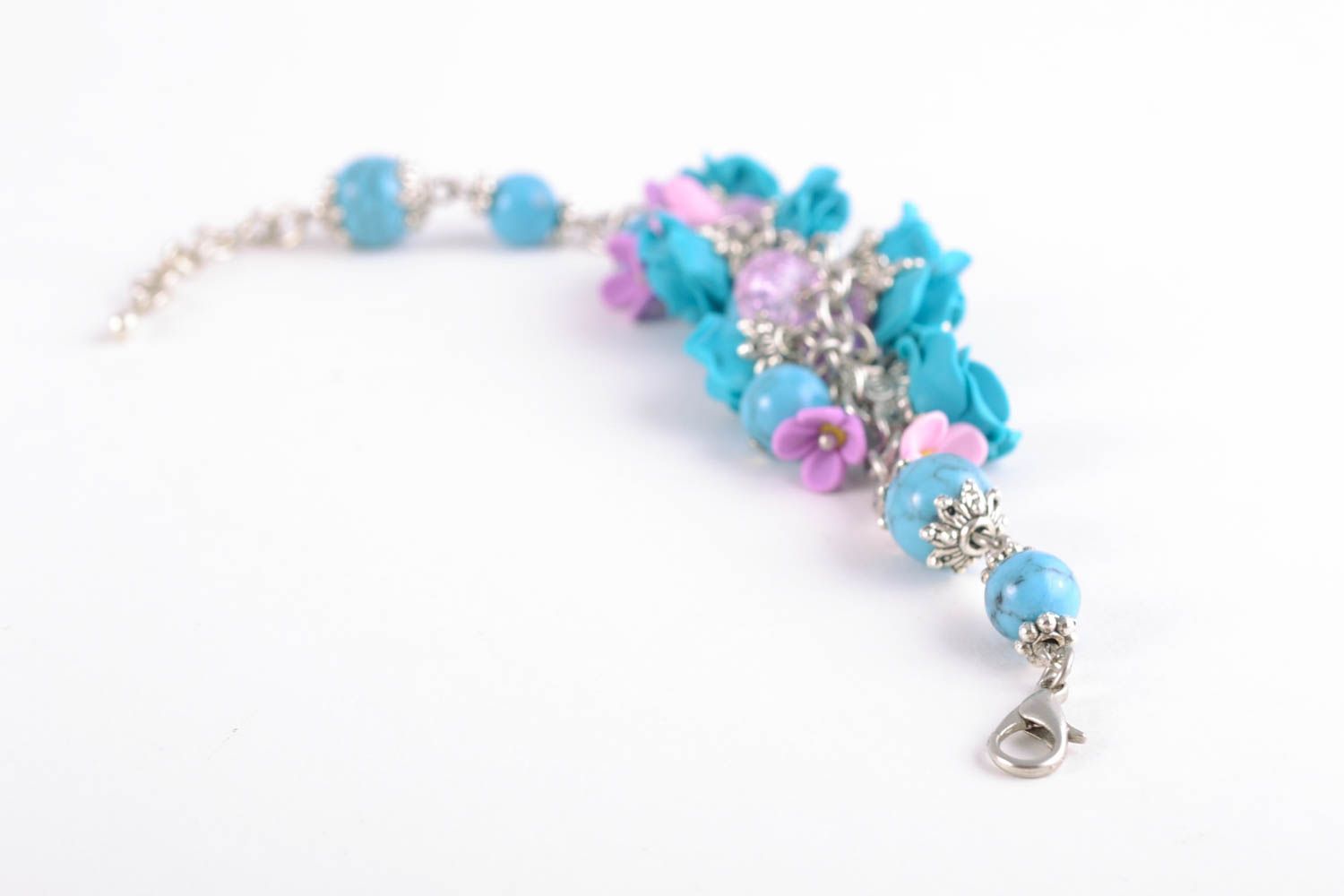 Bracelet fait main de pâte polymère avec fleurs bleues bijou pour femme photo 4