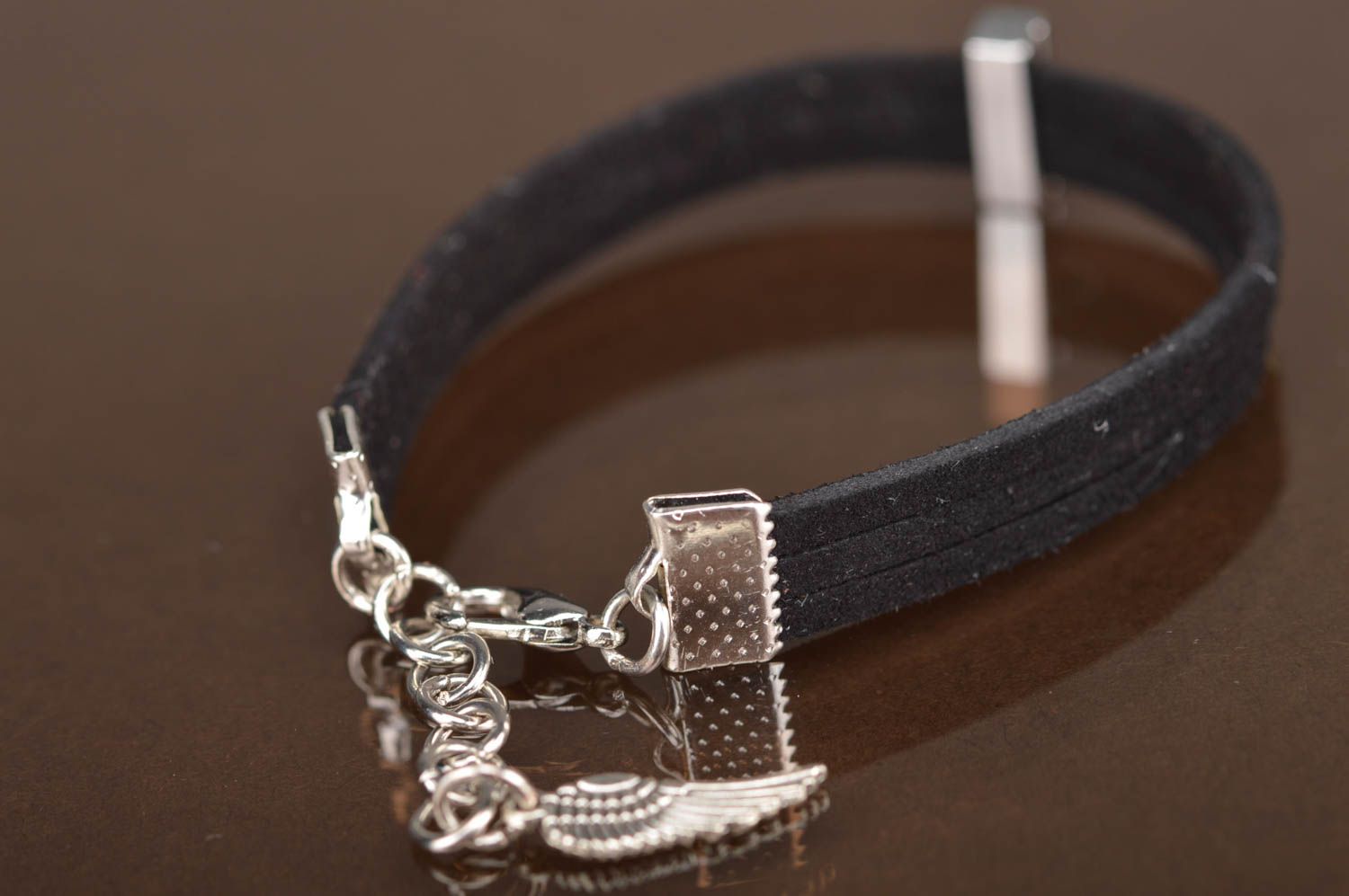 Beautiful unusual handmade designer thin black suede cord bracelet with charm  photo 5