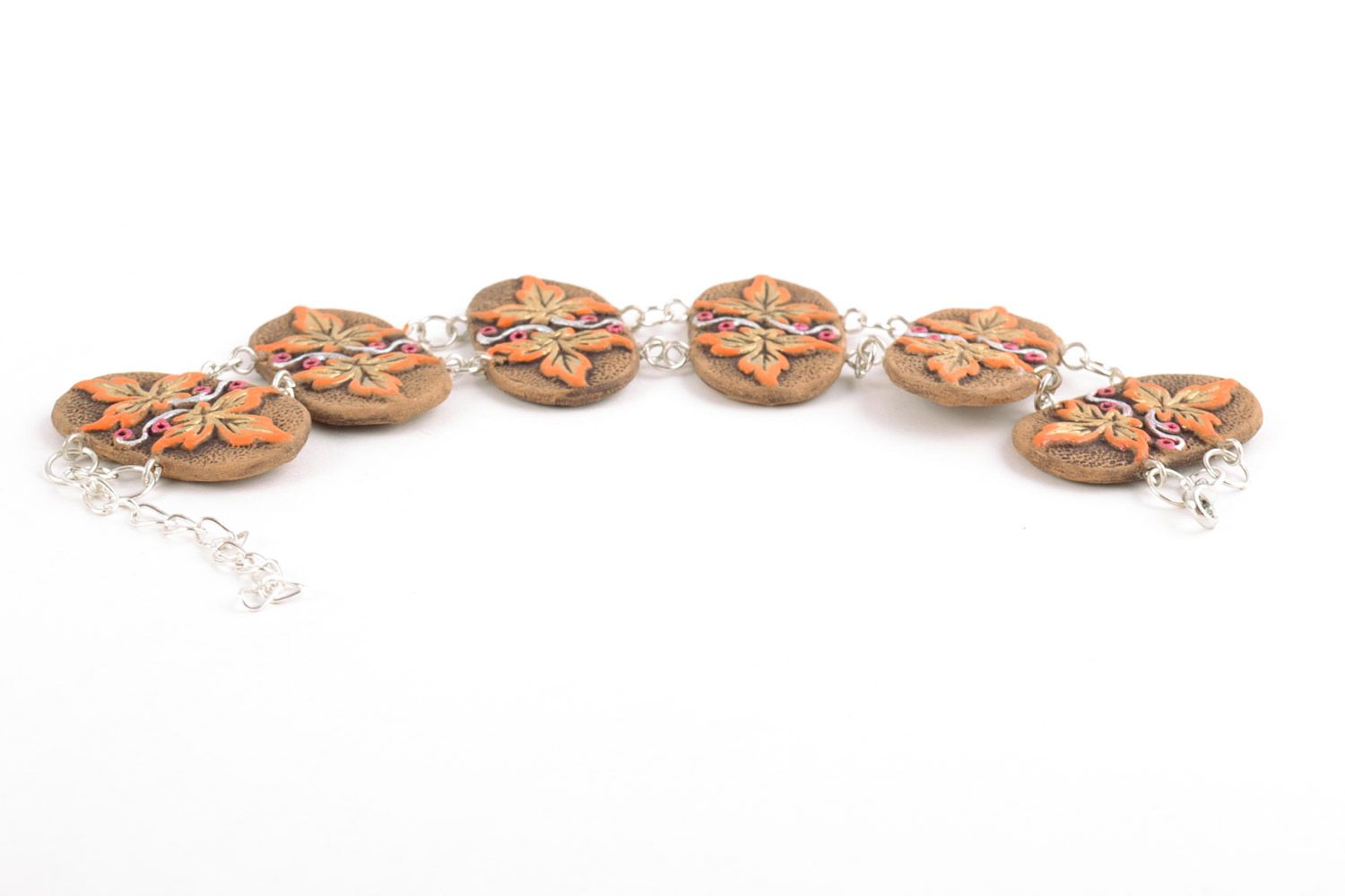 Глиняный браслет на цепочке осенний с росписью акриловыми красками ручной работы фото 4