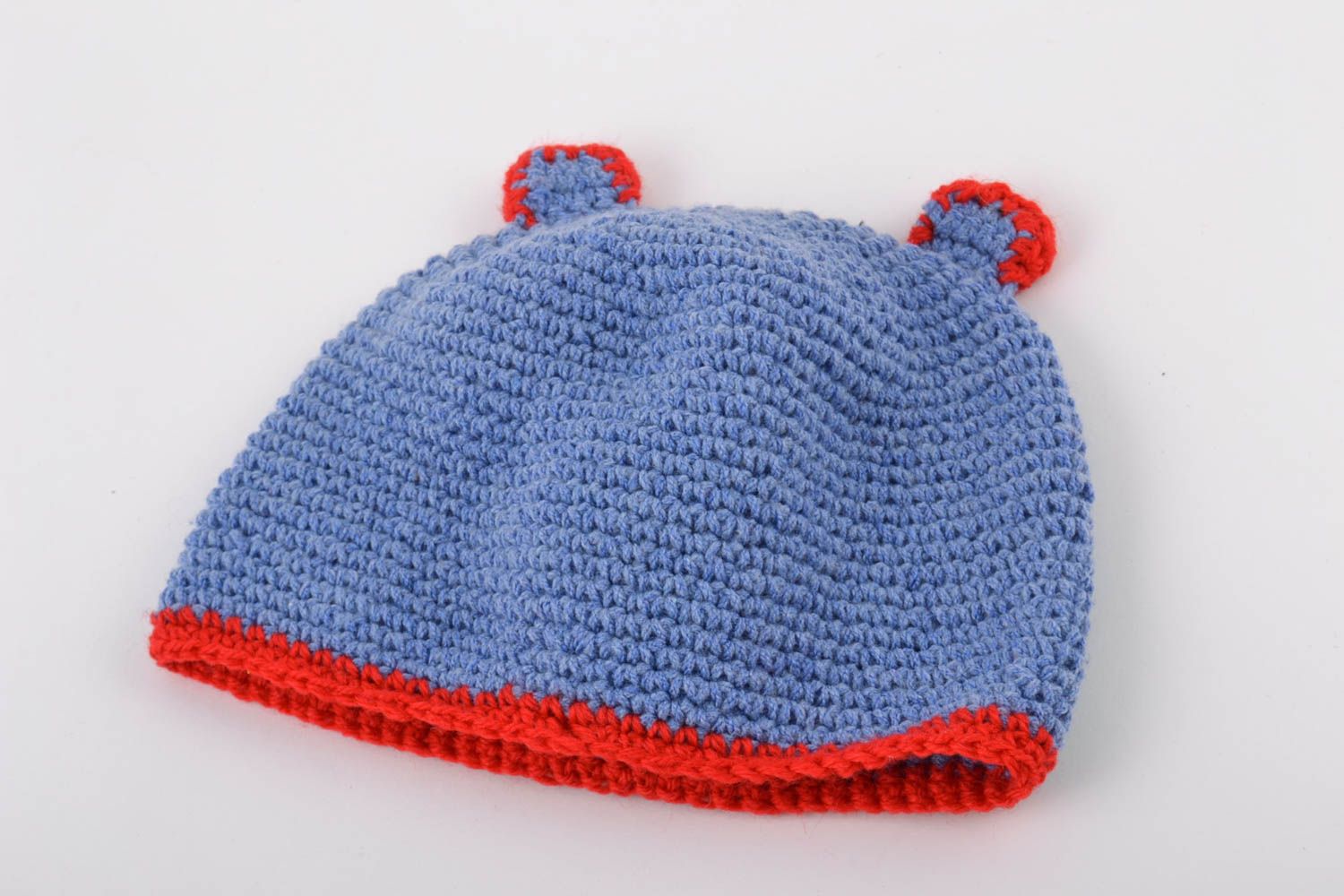 Handmade baby hat crocheted of blue and red cotton threads with bear muzzle photo 4