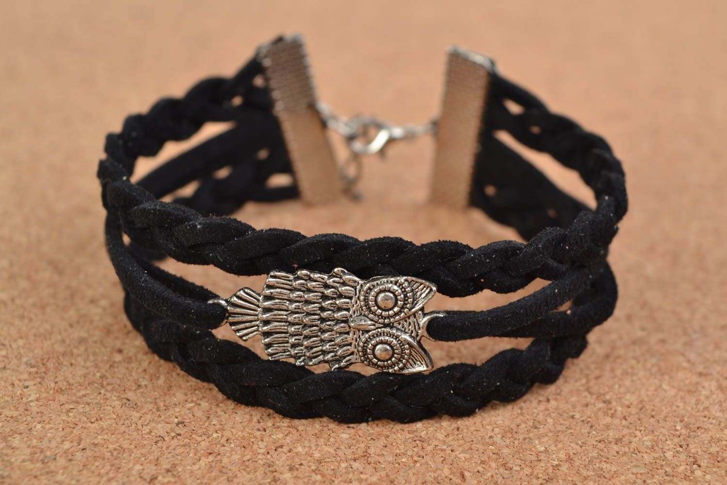 Handmade designer black woven suede cord bracelet with charm in the shape of owl photo 1