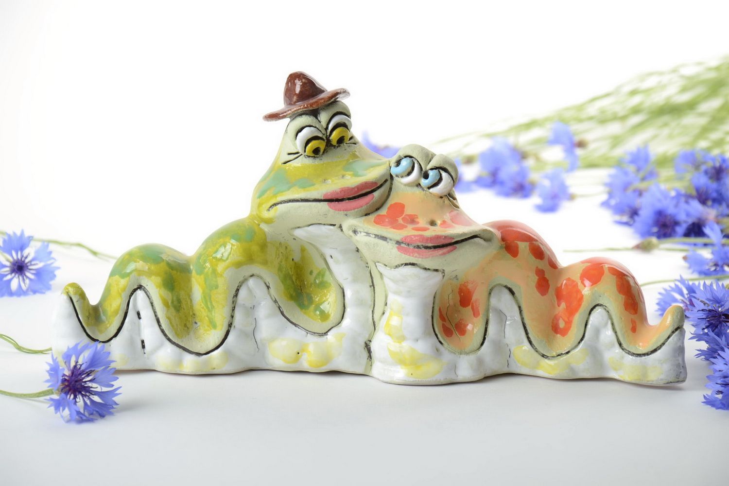 Handmade designer funny semi porcelain colorful painted money box Two Snakes photo 1