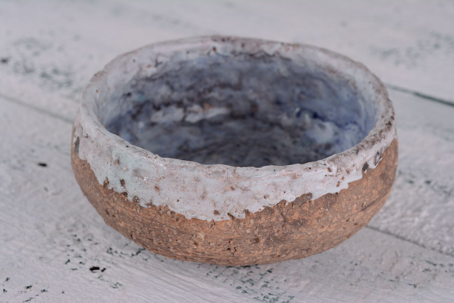 Brown handmade clay soup bowl with unusual texture photo 2