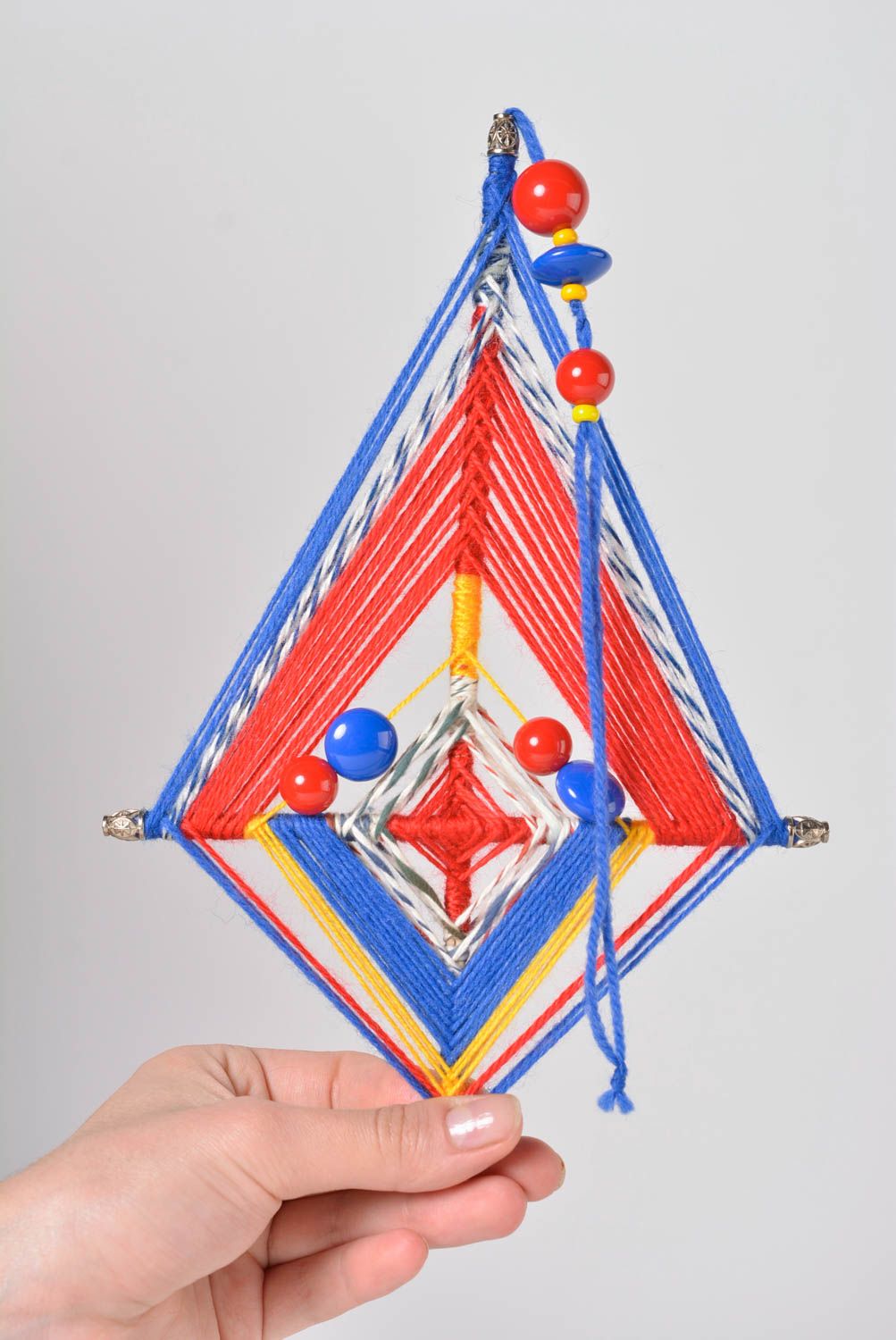 Mandala Suspension décorative fait main rouge bleu en fils Décoration maison photo 2