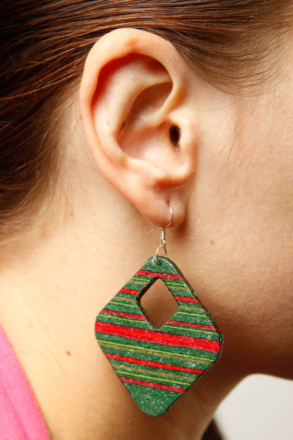 Stylish rhomb shaped earrings handmade wooden accessories designer bijouterie photo 2