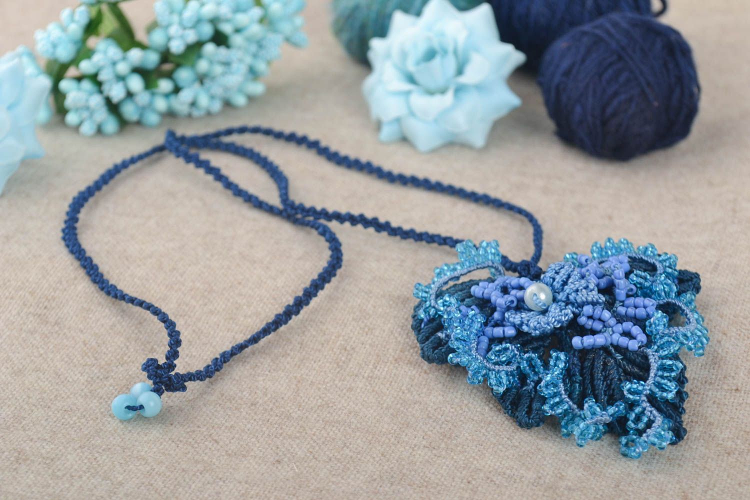 Handmade pendant designer pendant macrame pendant blue pendant unusual jewelry photo 1