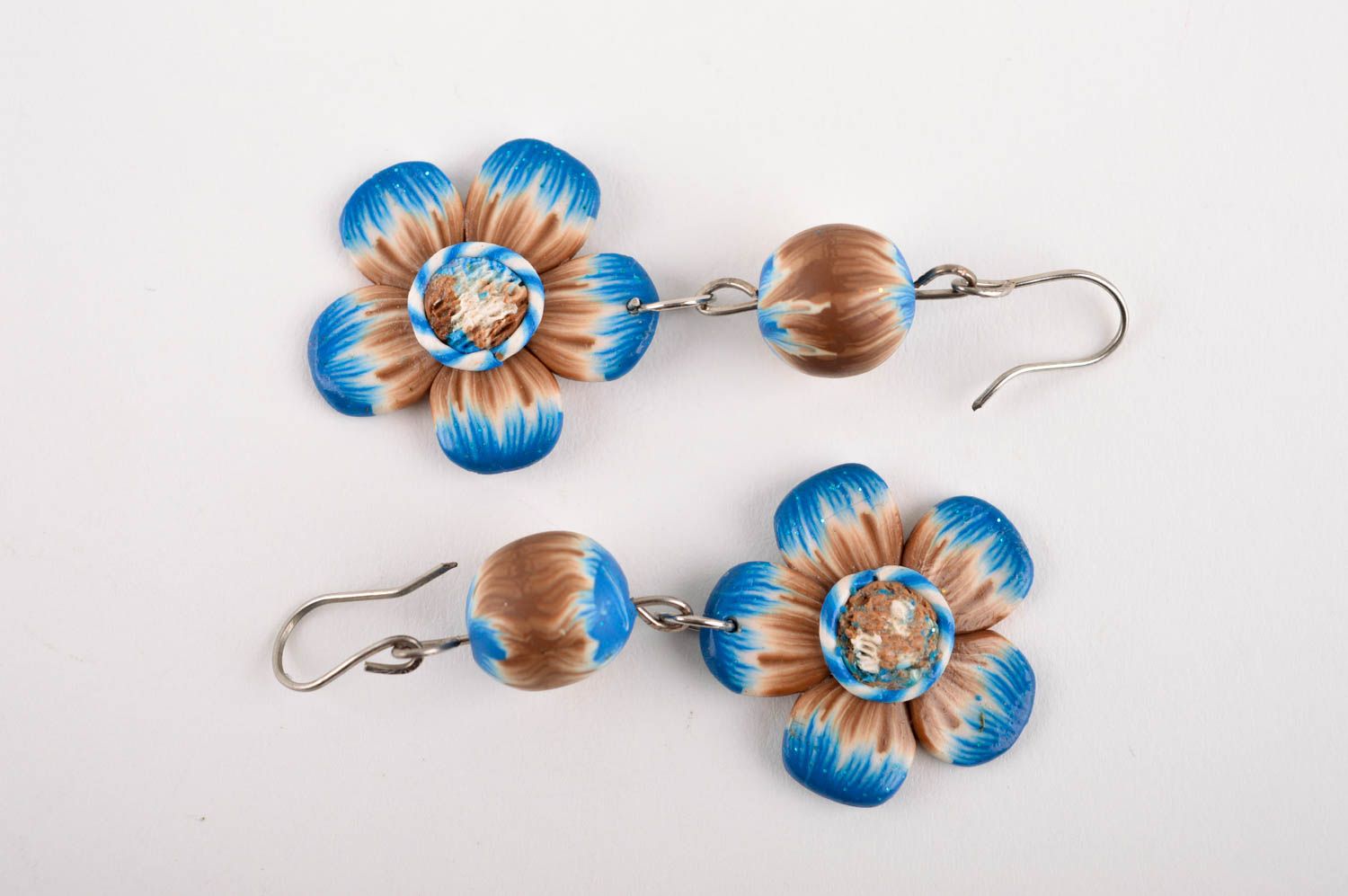 Handmade lange blaue Blumen Ohrringe Polymer Schmuck Accessoire für Frauen foto 4