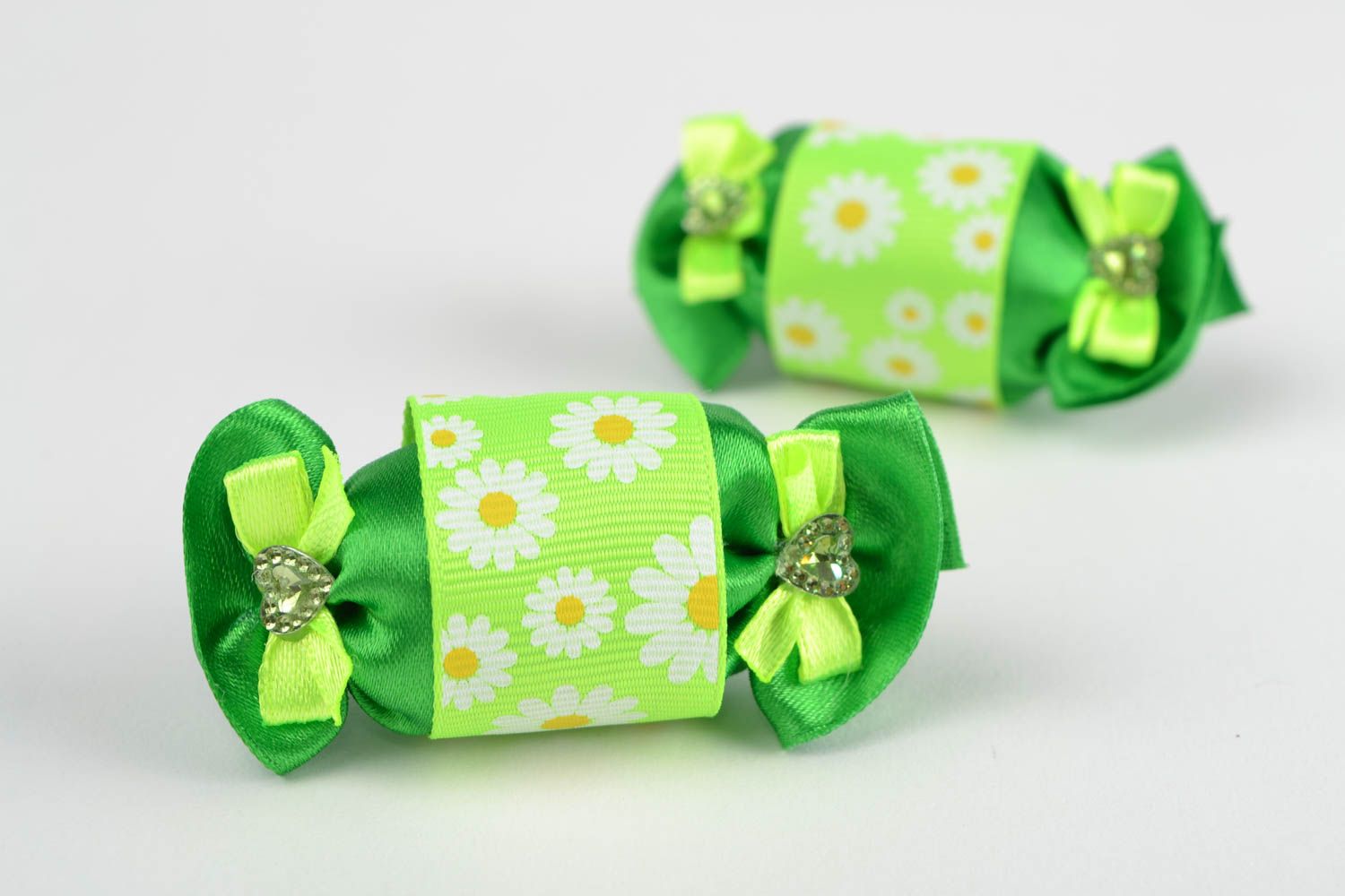 Set of green handmade designer children's textile hair ties 2 pieces Candies photo 1
