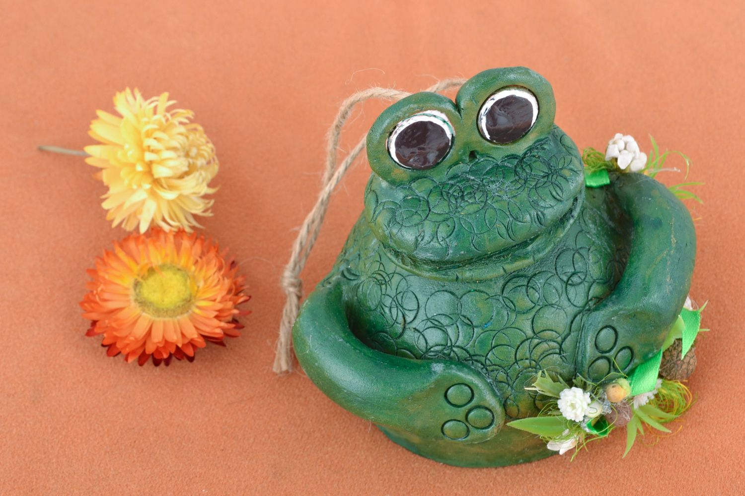 Handmade funny ceramic painted hanging bell in the shape of green frog  photo 1