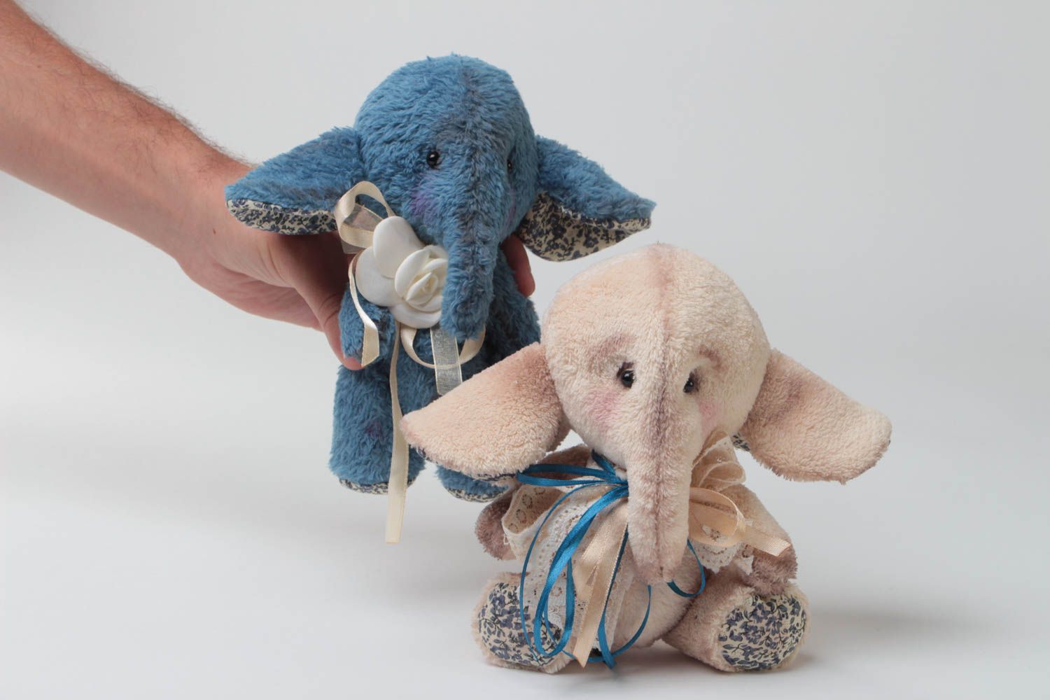 Set of 2 handmade designer soft toys blue and beige elephants for children photo 5
