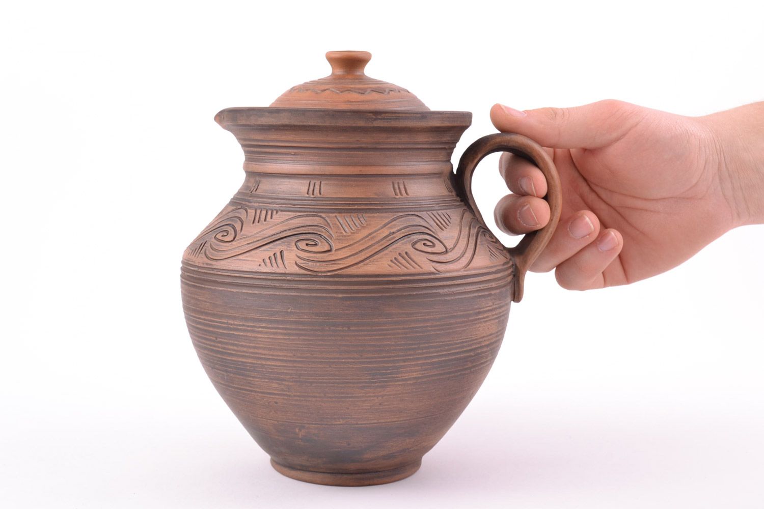Handmade Keramik Krug aus Ton mit Muster in Braun schön ethnisch 2 Liter foto 2