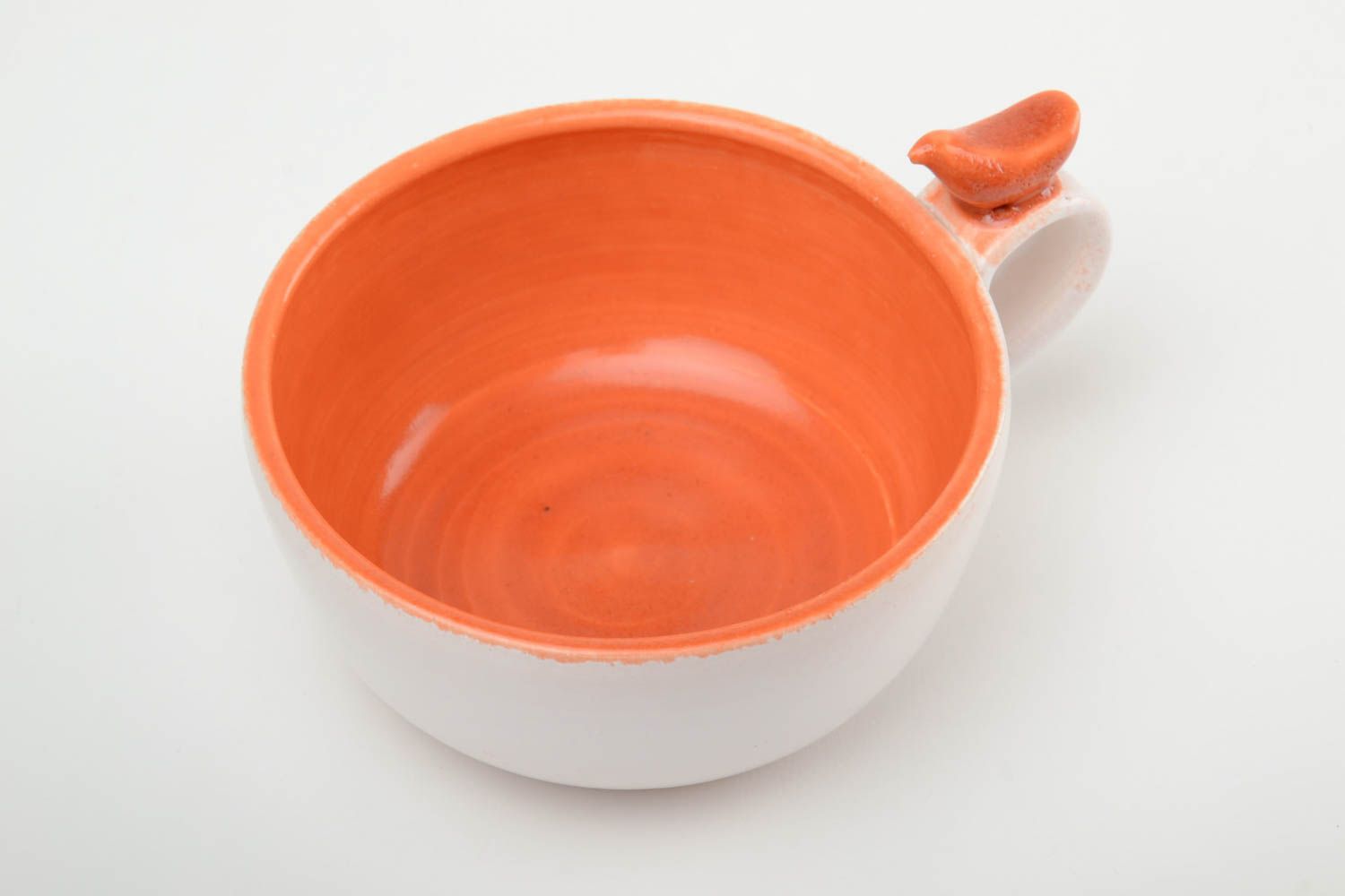 Handgemachte glasierte Tasse aus Ton mit Vogel weiß orange 200 ml foto 2