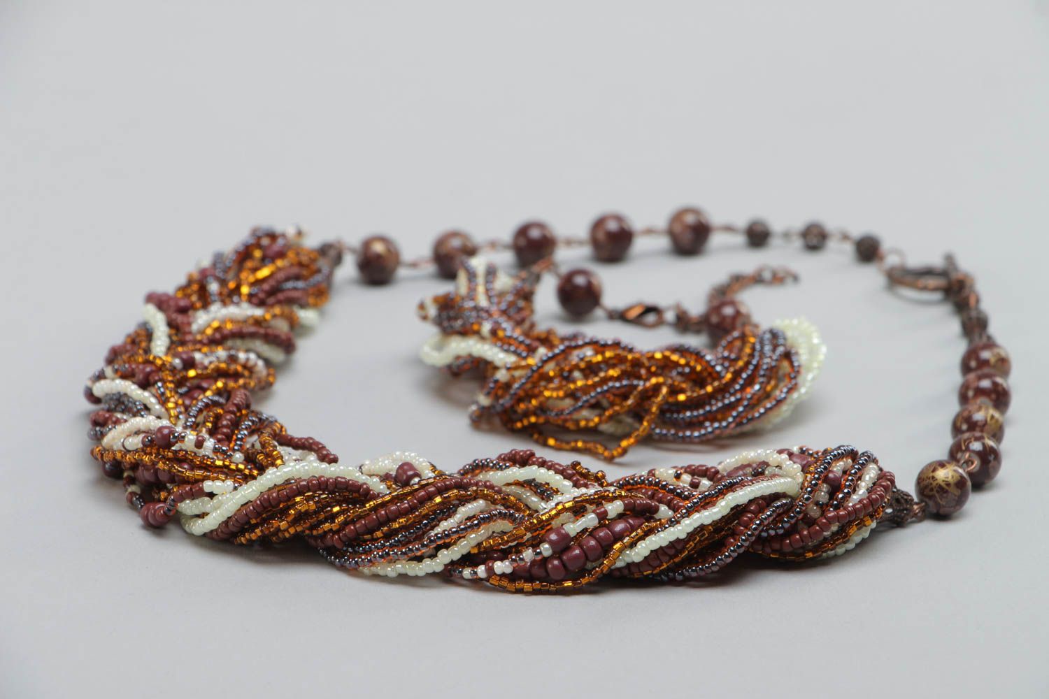 Handmade woven beaded jewelry set 2 pieces brown bracelet and necklace photo 4