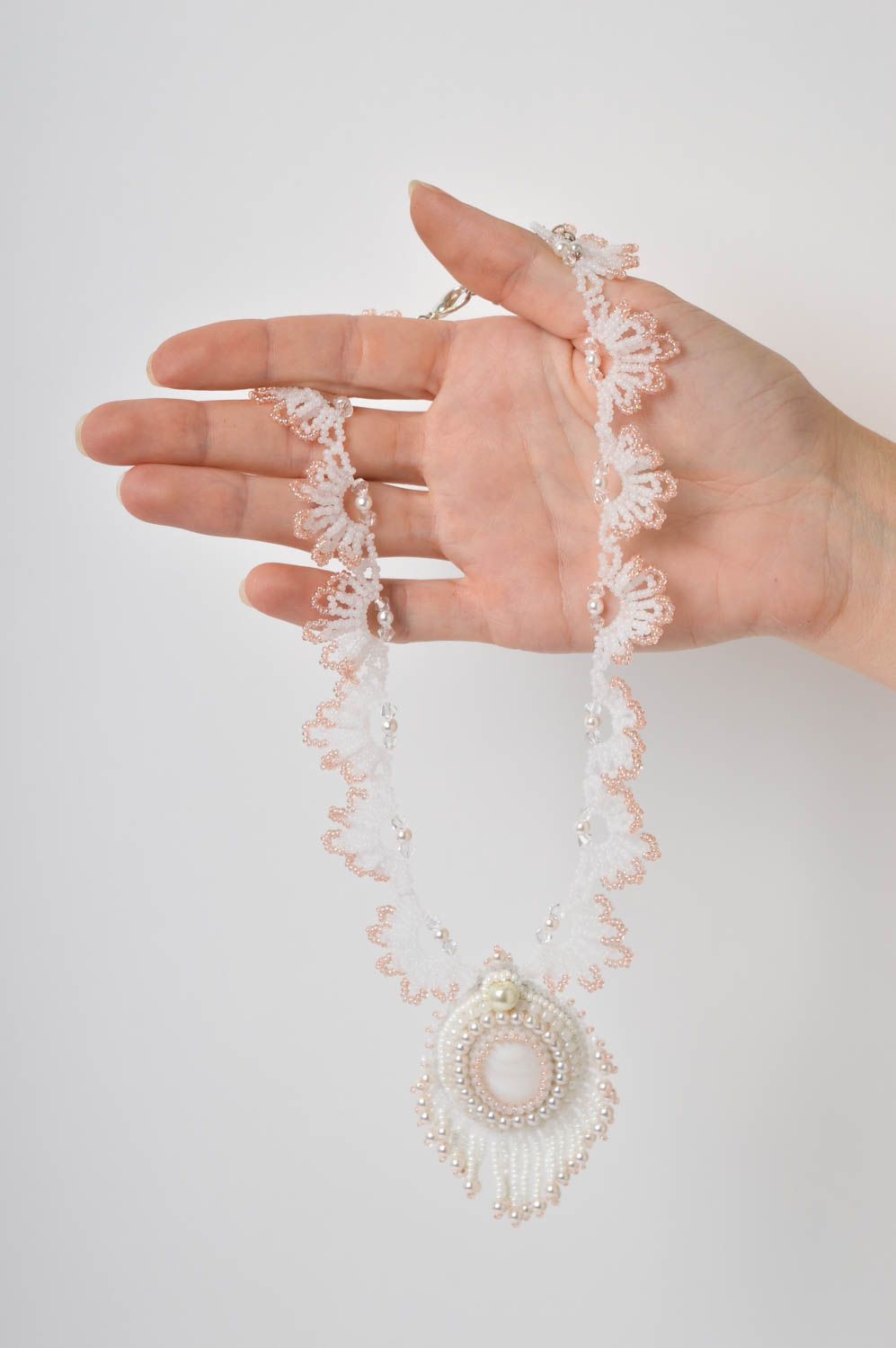 Handmade beaded stylish necklace leather white necklace festive jewelry photo 5